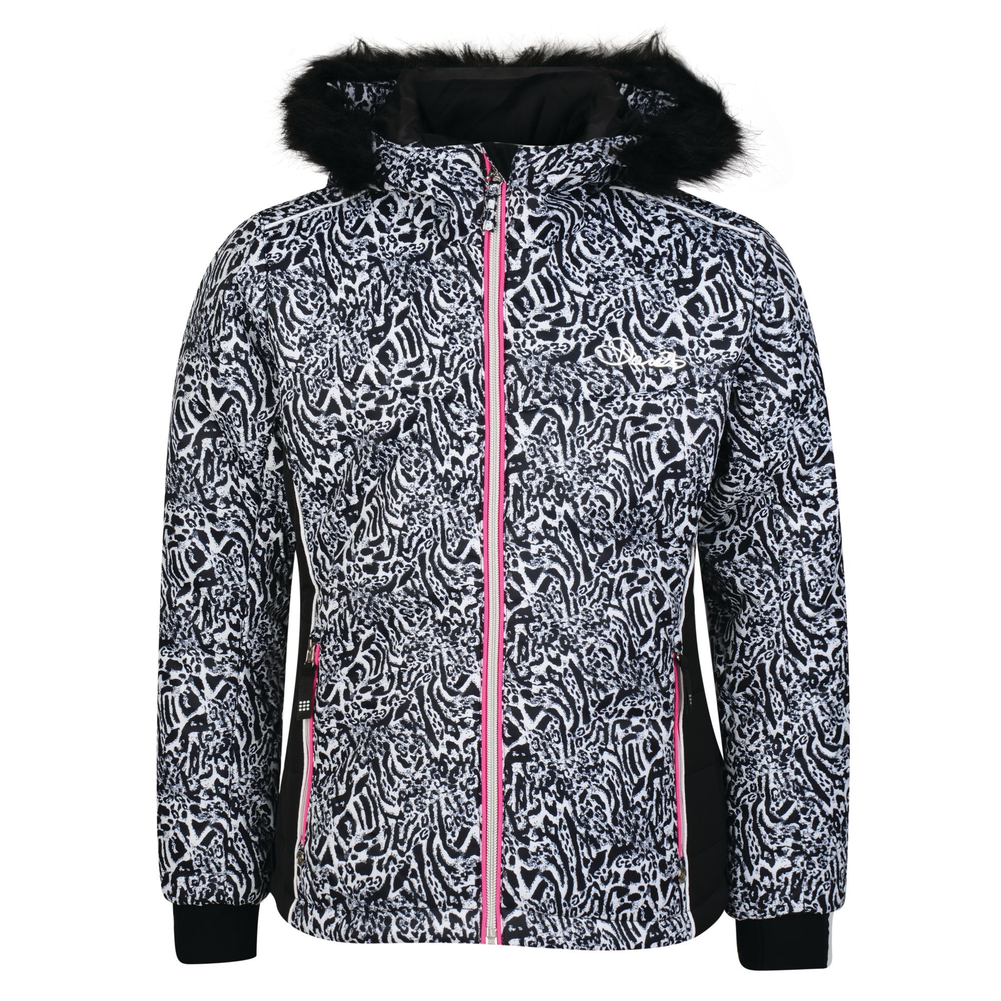 100% Polyester. Luxe girls ski jacket. Made from waterproof/breathable polyester fabric with four-way stretch for aerobic mobility. High warmth, low-bulk bulk insulation. Fine quality faux-fur trimmed hood. Powder blocking snowskirt. Cosy inner stretch cuffs. Zipped pockets, including a mesh google stash.