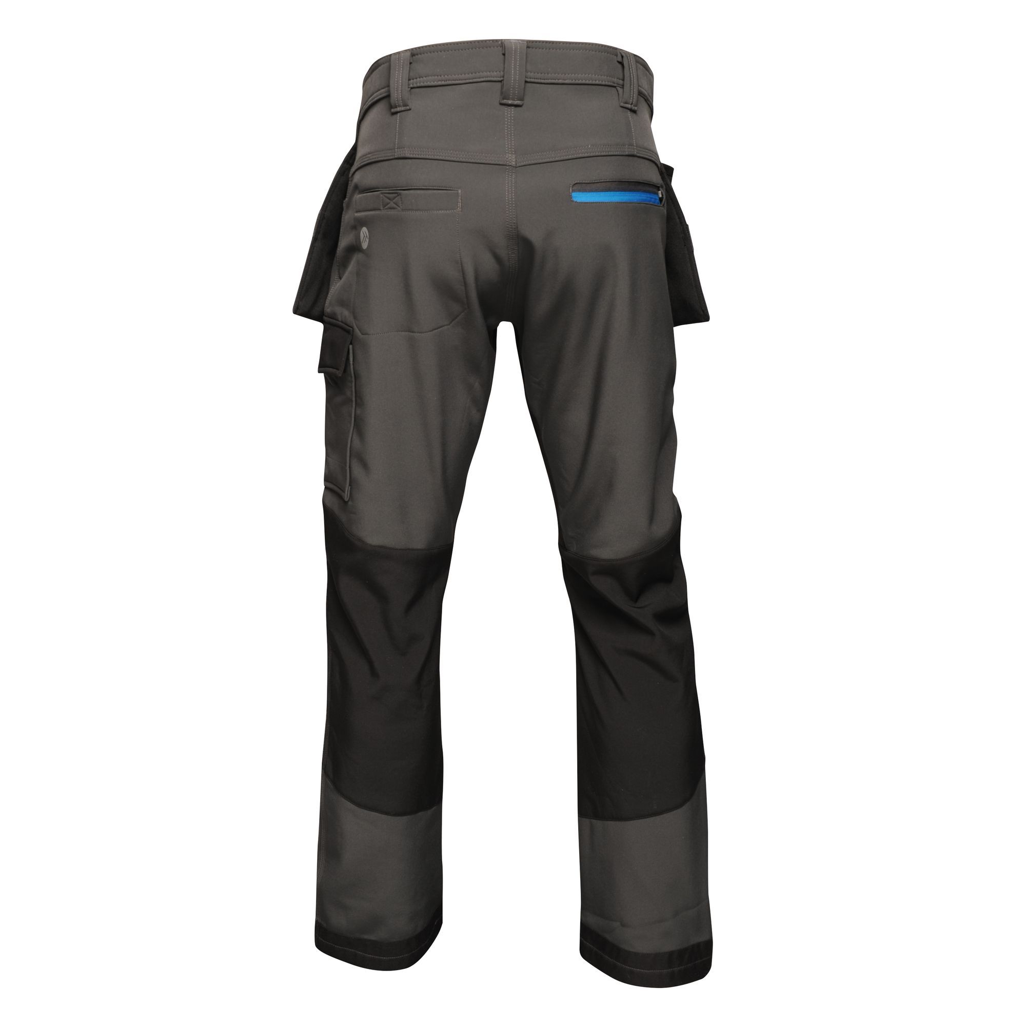Mens work trousers with multiple compartments. Features 2 front pockets, 1 x zipped security pocket, 2 rear pockets, 1 zipped back pocket and 1 cargo leg pocket. Shank button at waist for extra strength. Crotch gusset for greater movement. Belt loops, Slim fit design, reinforced hem overlays.