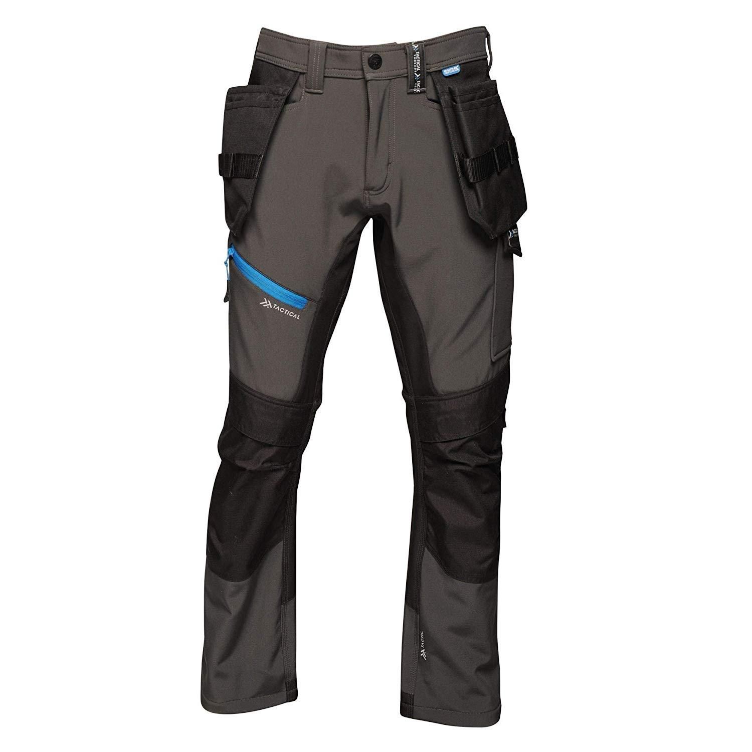 Mens work trousers with multiple compartments. Features 2 front pockets, 1 x zipped security pocket, 2 rear pockets, 1 zipped back pocket and 1 cargo leg pocket. Shank button at waist for extra strength. Crotch gusset for greater movement. Belt loops, Slim fit design, reinforced hem overlays.