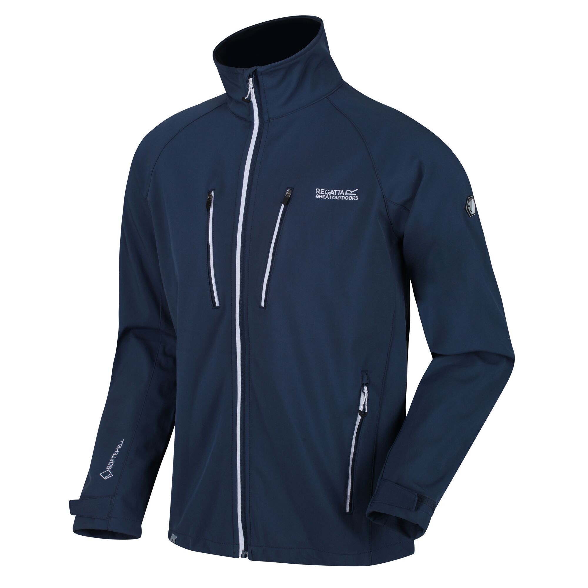 Elastane 4%, Polyester 96%. Lightweight jersey backed softshell fabric. Durable water repellent finish. Wind resistant. 2 zipped lower and 2 zipped chest pockets. Adjustable cuffs.