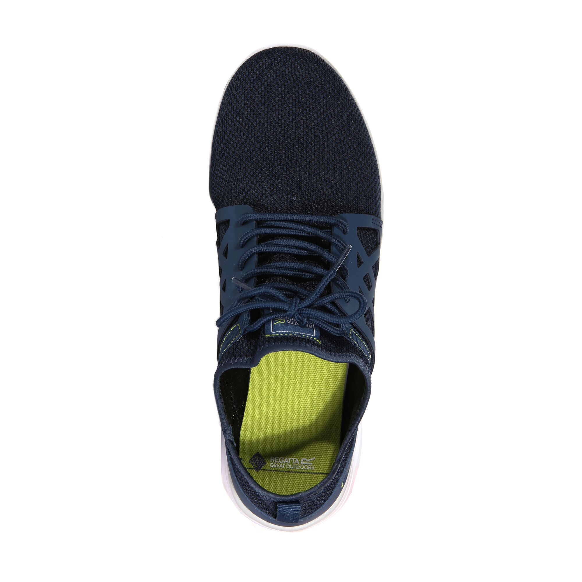 80% polyester, 20% polyurathane. Rip-stop mesh and lightweight sandwiched EVA upper. Floating lacing system for secure fit. Die cut EVA footbed for underfoot comfort and support. New XLT sole unit with strategic traction pods provides flexible lightweight comfort and improved traction. Sock fit upper for fit and comfort.