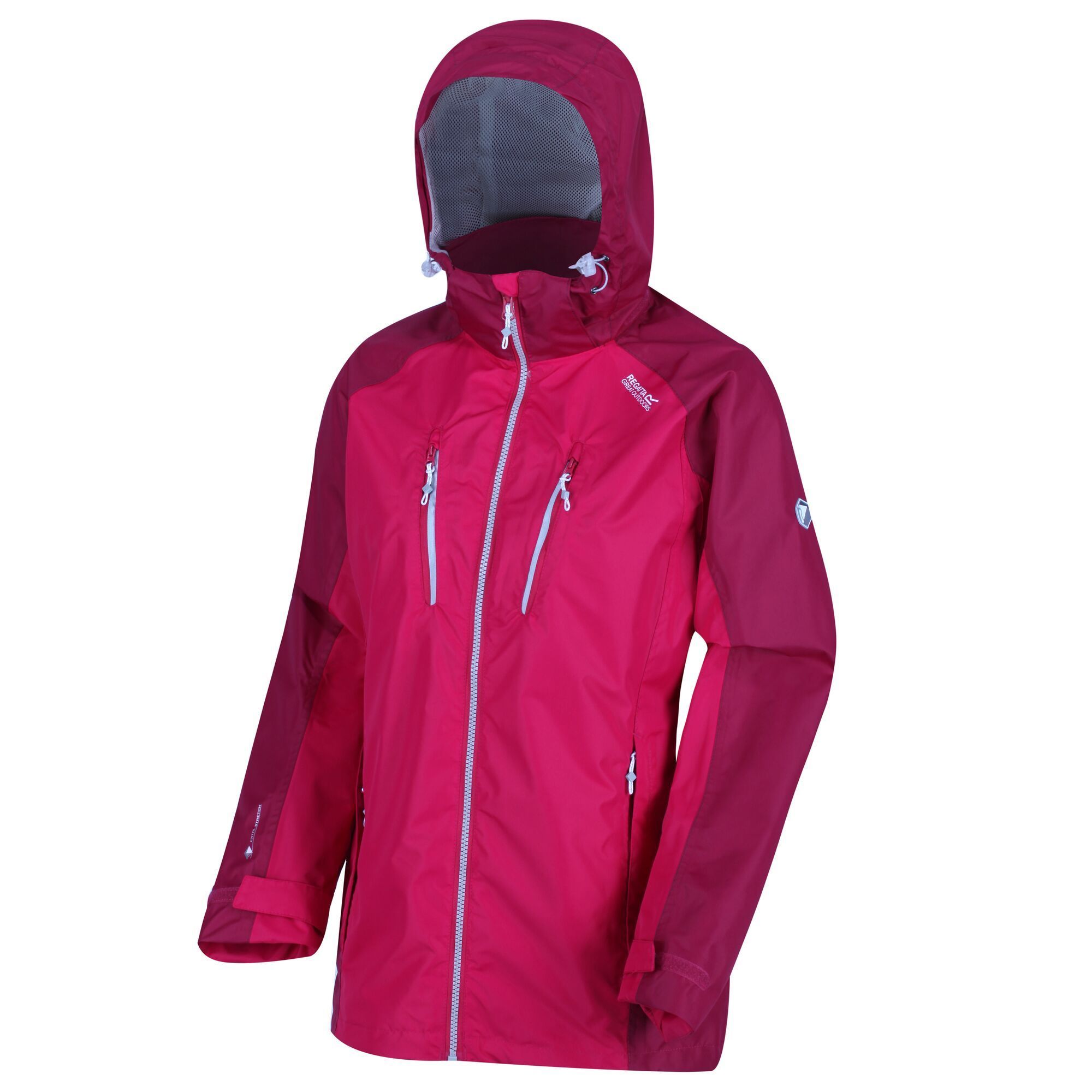 100% polyester. Waterproof and breathable Isotex 5000 coated polyester fabric. Durable water repellent finish. Taped seams. Part mesh part polyester taffeta lining. Concealed hood with adjusters.