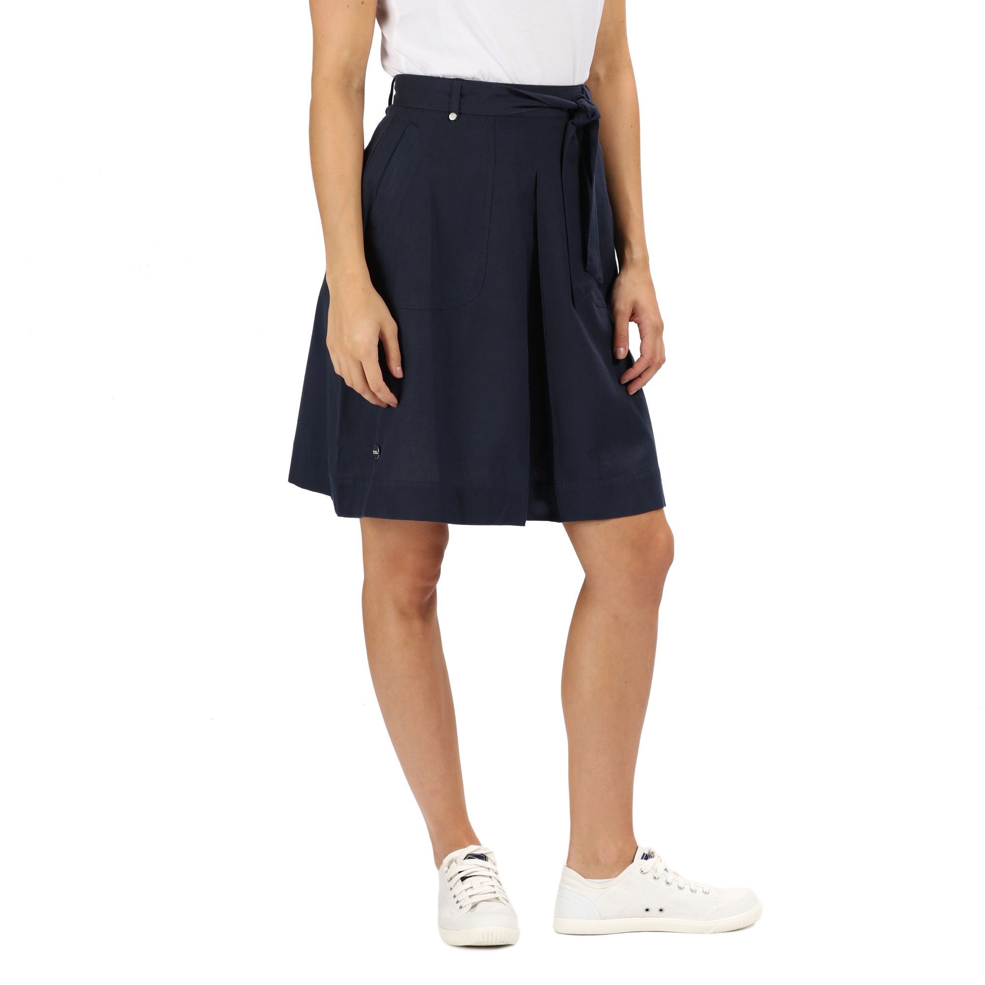 90% Coolweave cotton, 10% linen fabric. Knee-length with a box-pleat for a slightly flared fit. 2 side pockets. Zipped waist fastening with a tie on front. Drawcord waist adjuster. Garment washed for softer handle.