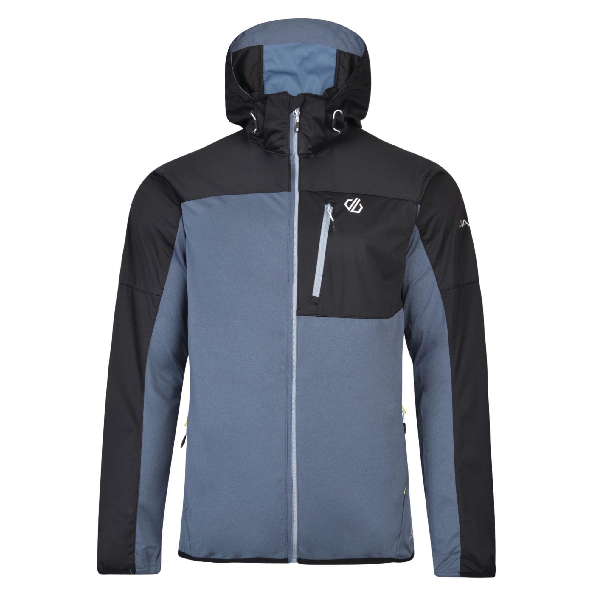 100% polyester. Ilus D-Lab woven stretch polyester softshell fabric. AEP Kinematics. SeamSmart Technology. Waterproof up to 5,000mm/ Breathability rating 5,000/m2/24hrs. Detachable performance fit technical hood with adjusters. Underarm ventilation zips. Articulated sleeves for enhanced range of movement. Stretch binding to cuffs and hem. 1 x zipped chest pocket and 2 x zipped lower pockets. Headphone port to inner pocket bag.
