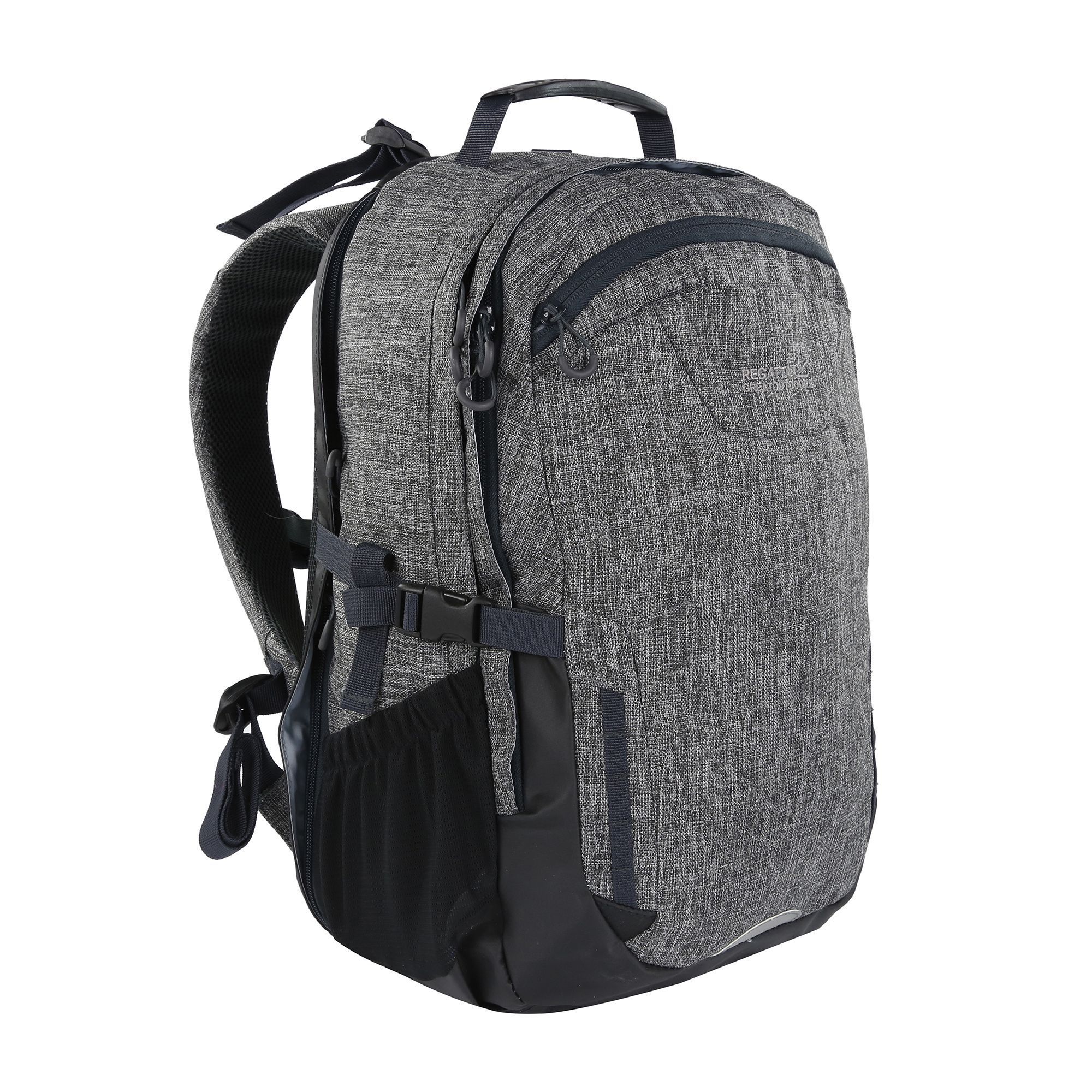 100% polyester fabric. Padded shoulder straps. Padded laptop pocket for up to 12in laptops and tablets. Lockable zips for security. Side carry handle for easy laptop access at airport security. Side compression straps provide added laptop/tablet security. 2 zipped compartments plus front pocket. Internal organiser pockets and key clip. Reflective detail for enhanced visibility. Air mesh back construction to allow ventilated airflow. Load adjustment straps. Adjustable sliding chest harness. Mesh side pockets. Reinforced carry handle. Easy grab zip pullers. Detachable raincover.