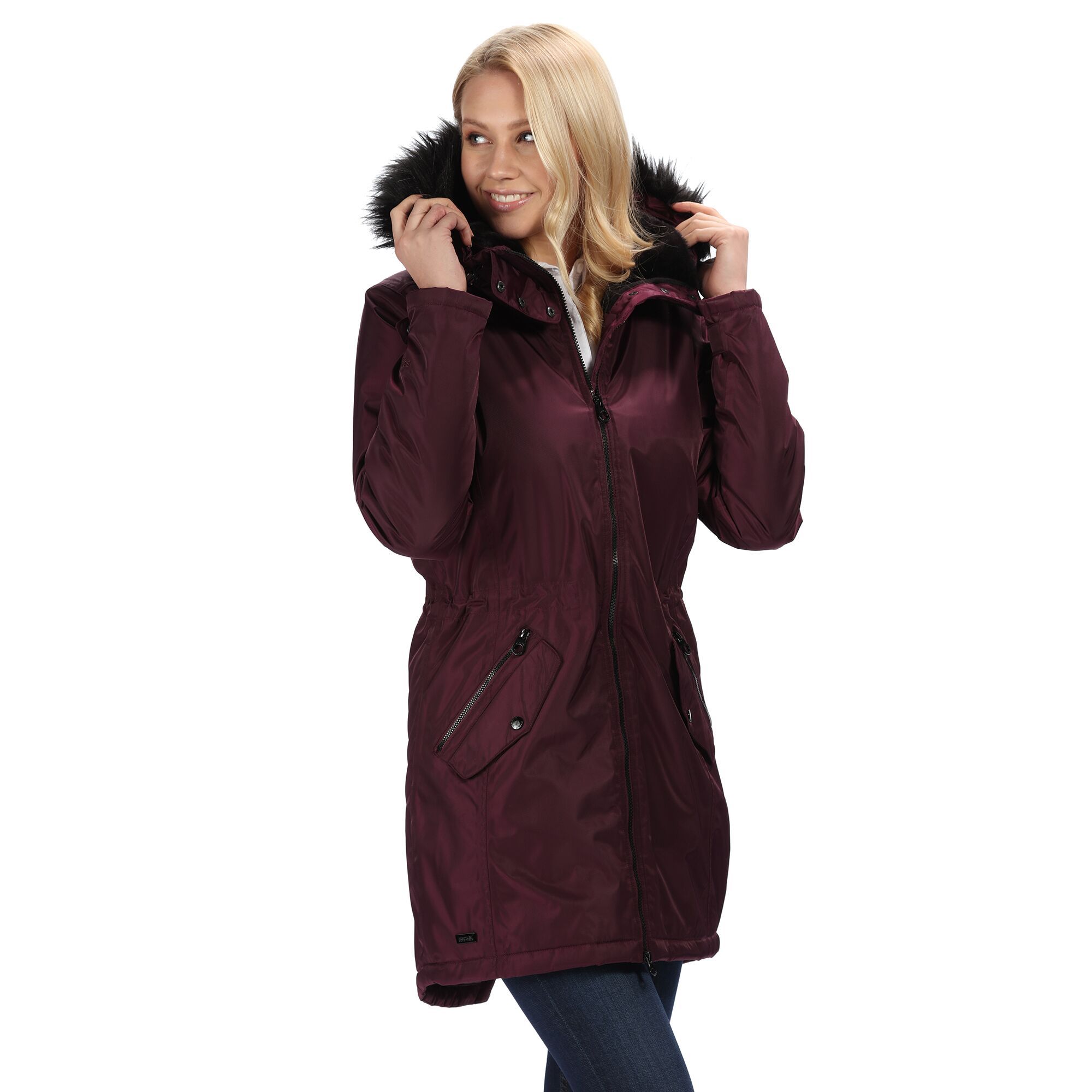 Made with polyester, high shine, twill fabric. Blends technical know-how with a sleek fishtail silhouette and luxurious faux-fur trims. The outer uses high-shine waterproof/breathable Isotex 5000 performance fabric with a DWR (durable water repellent) finish. Features sealed seams to protect in wet or snowy weather. Breathability rating 8,000g/m2/24hrs. The inner is lightly padded with quick-drying Thermoguard insulation for cosy comfort. With an added adjuster on the hood and at the waist for a shapely fit. The front fastens with a two-way zip for added breathability. With poppered cuffs and pockets and the Regatta Outdoors badge on the left sleeve. Has a grown on hood with removable faux fur trim. Also includes 2 zipped lower pockets and 2 lower pockets with flaps and branded snap fastening. Size (chest): (6 UK) 30in, (8 UK) 32in, (10 UK) 34in, (12 UK) 36in, (14 UK) 38in, (16 UK) 40in, (18 UK) 43in, (20 UK) 45in, (22 UK) 48in, (24 UK) 50in, (28 UK) 54in, (30 UK) 56in, (32 UK) 58in, (34 UK) 60in, (36 UK) 62in.