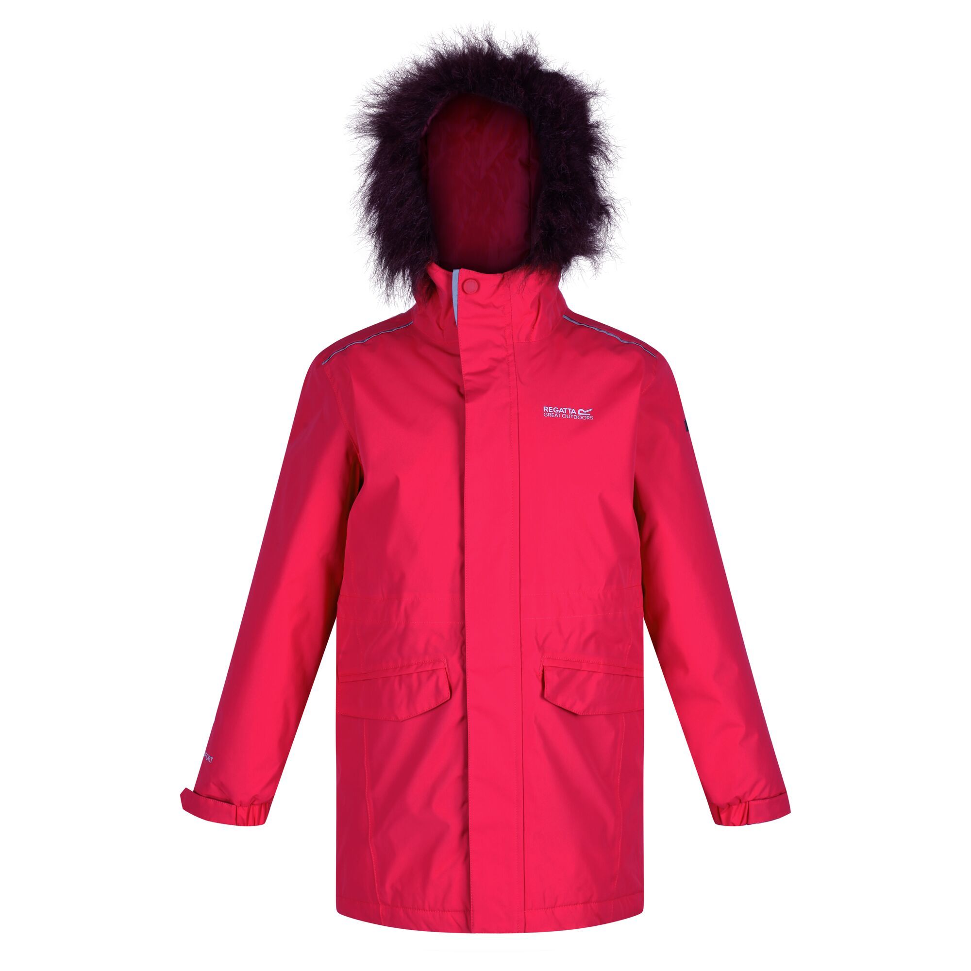 Made from Isotex 5000 coated polyester peached fabric with a 100% polyester taffeta lining. Waterproof and breathable fabric with a water repellent finish. Taped seams. Thermoguard insulation. Features include a faux fur trimmed hood, zip and stormflap fastening and cosy handwarmer pockets on the side. Elasticated and adjustable cuffs. 2 Lower handwarmer pockets. Adjustable drawcord hem. With reflective trim and the Regatta Outdoors badge on the left sleeve. Size (height/chest): (2 Years) 92cm/53-55cm, (3-4 Years) 98-104cm/55-57cm, (5-6 Years) 110-116cm/59-61cm, (7-8 Years) 122-128cm/63-67cm, (9-10 Years) 135-140cm/69-73cm, (11-12 Years) 146-152cm/75-79cm, (13 Years) 153-158cm/82cm, (14 Years) 164-170cm/86cm, (15-16 Years) 170-176cm/89-92cm.