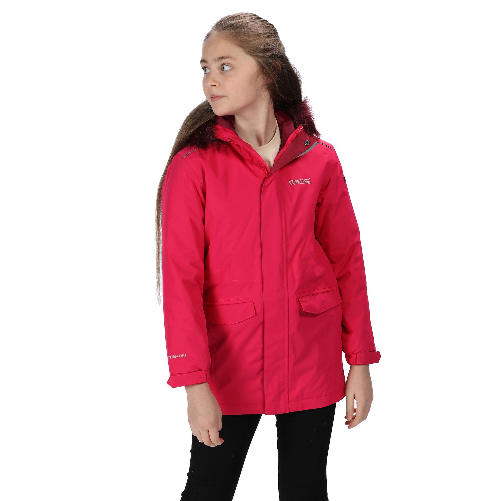 Made from Isotex 5000 coated polyester peached fabric with a 100% polyester taffeta lining. Waterproof and breathable fabric with a water repellent finish. Taped seams. Thermoguard insulation. Features include a faux fur trimmed hood, zip and stormflap fastening and cosy handwarmer pockets on the side. Elasticated and adjustable cuffs. 2 Lower handwarmer pockets. Adjustable drawcord hem. With reflective trim and the Regatta Outdoors badge on the left sleeve. Size (height/chest): (2 Years) 92cm/53-55cm, (3-4 Years) 98-104cm/55-57cm, (5-6 Years) 110-116cm/59-61cm, (7-8 Years) 122-128cm/63-67cm, (9-10 Years) 135-140cm/69-73cm, (11-12 Years) 146-152cm/75-79cm, (13 Years) 153-158cm/82cm, (14 Years) 164-170cm/86cm, (15-16 Years) 170-176cm/89-92cm.
