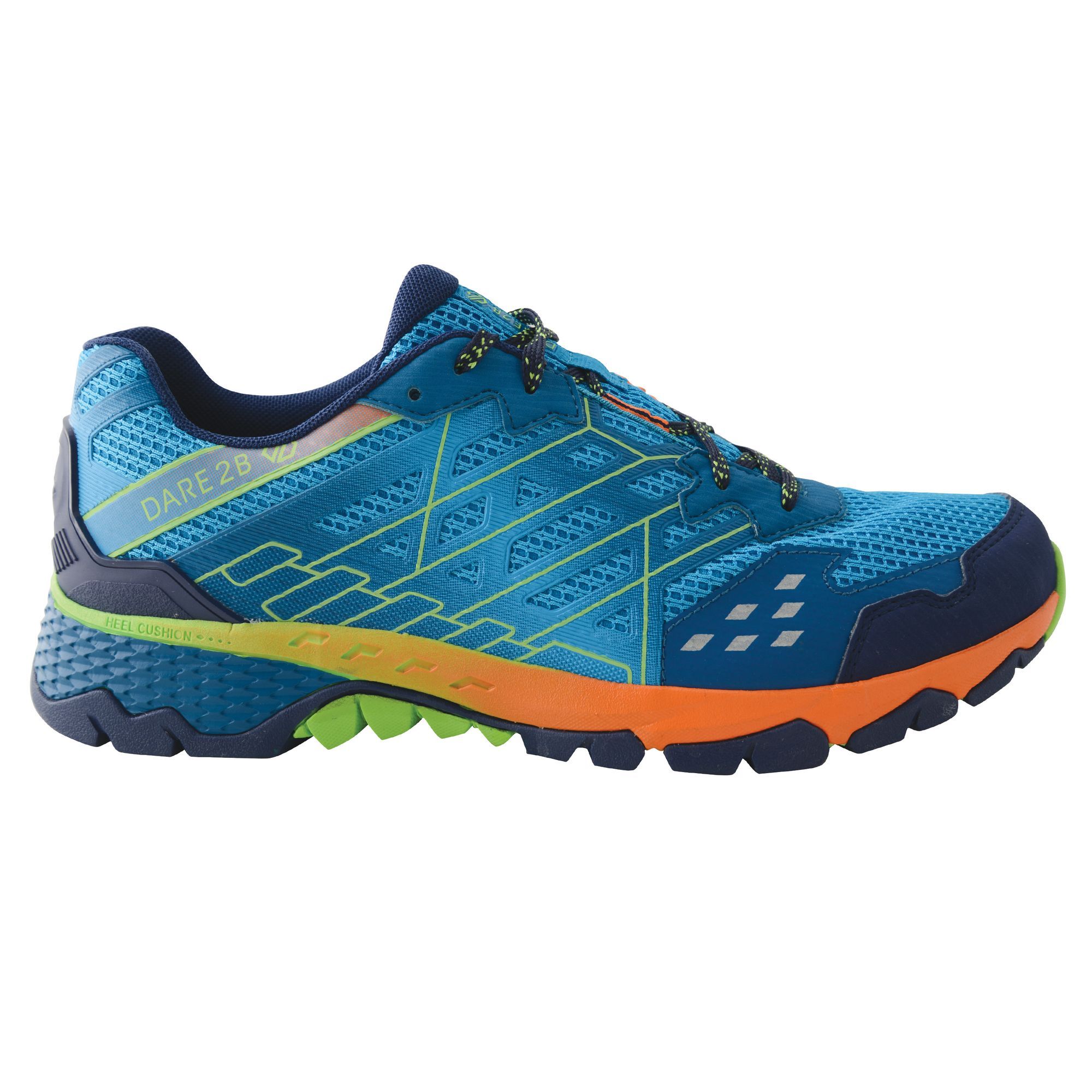 Material: 50% thermo plastic polyurethane/25% polyester/15% polyurethane/10% rubber. Lightweight and versatile trail shoe. Made for stability and grip. Breathable mesh upper construction with supportive PU overlays. Free foot lacing system minimises pressure on the top of the foot allowing blood to flow freely. TPR heel mould protects and stabilises the ankle. Shock absorbing EVA midsole cushion feet from impact. Multi-directional lugs give exceptional traction and braking power at the heel. Double eyelet for secure heel hold.