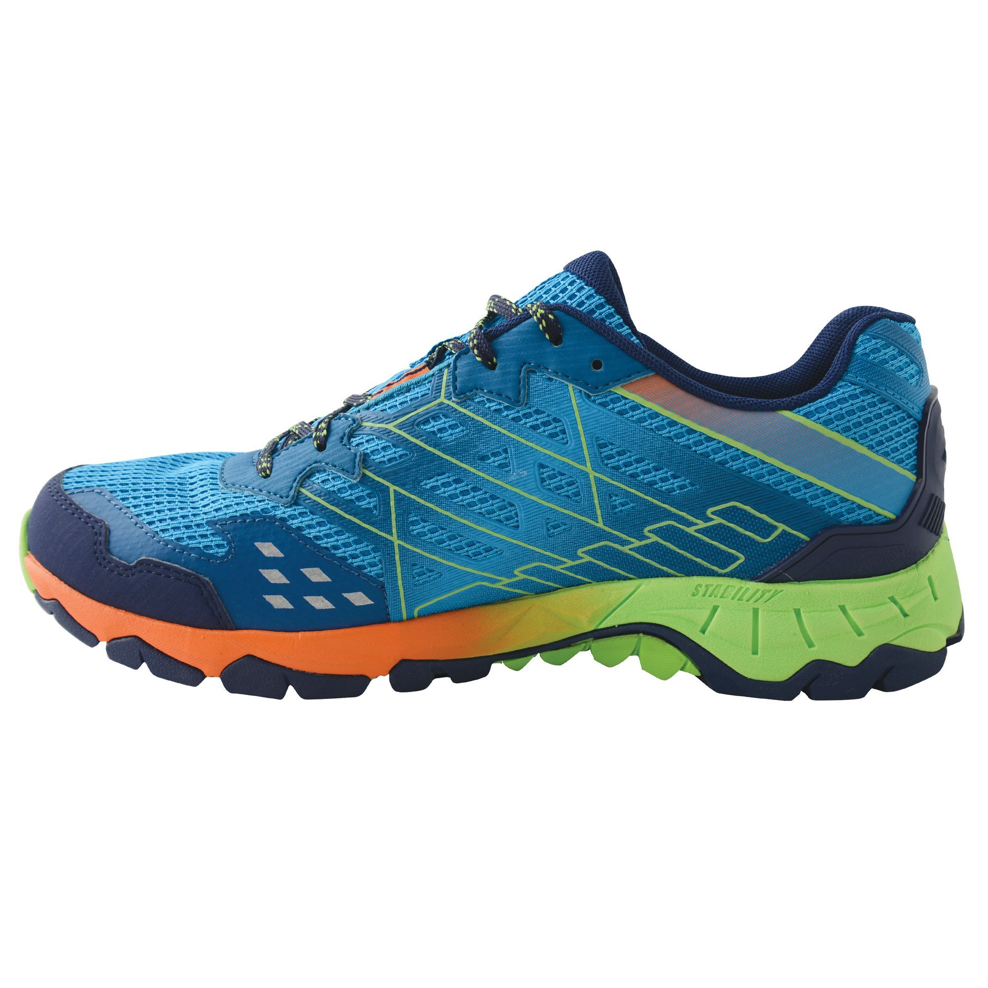Material: 50% thermo plastic polyurethane/25% polyester/15% polyurethane/10% rubber. Lightweight and versatile trail shoe. Made for stability and grip. Breathable mesh upper construction with supportive PU overlays. Free foot lacing system minimises pressure on the top of the foot allowing blood to flow freely. TPR heel mould protects and stabilises the ankle. Shock absorbing EVA midsole cushion feet from impact. Multi-directional lugs give exceptional traction and braking power at the heel. Double eyelet for secure heel hold.
