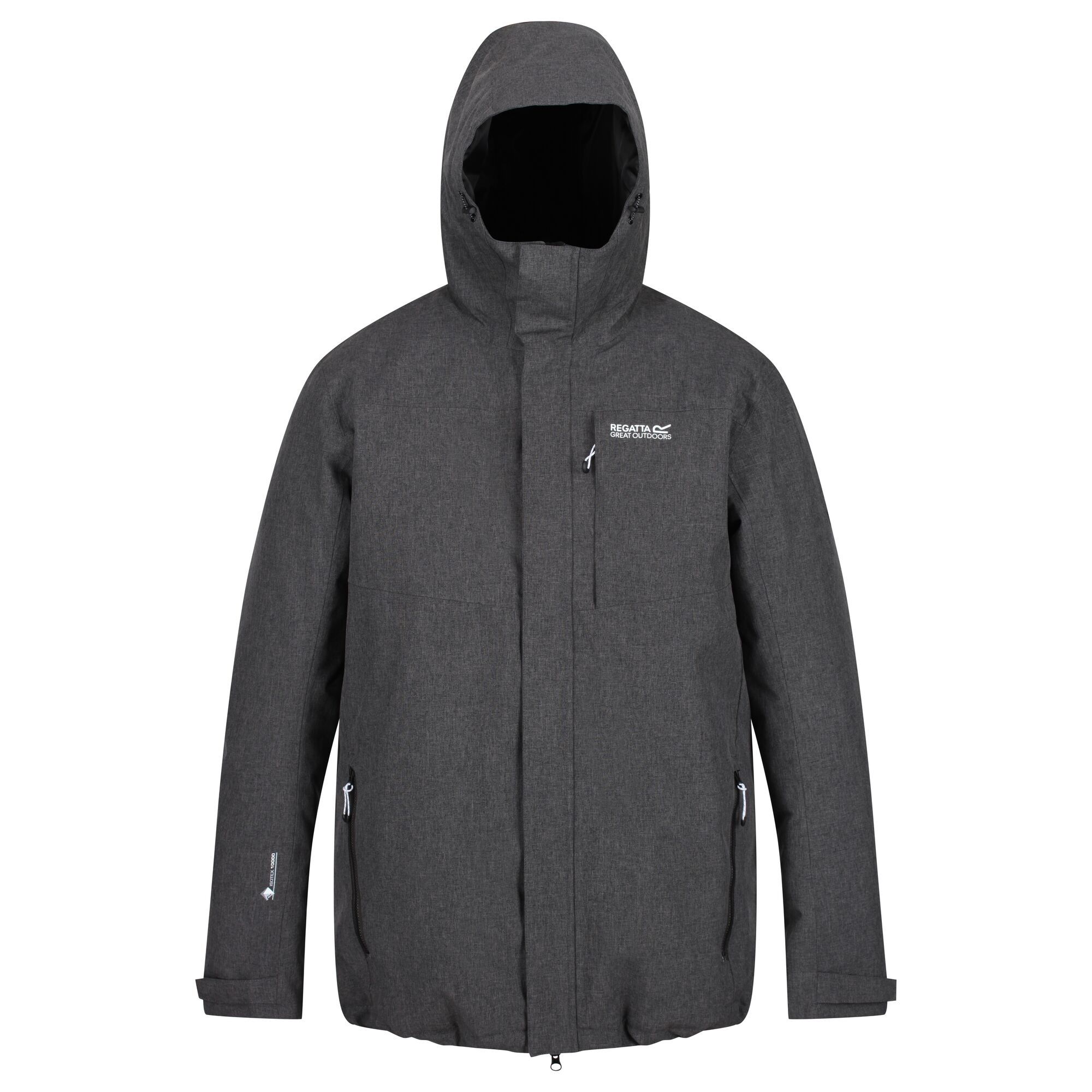 100% polyester marl. Durable water repellent finish. Thermo-guard insulation. With rechargeable copper heating zones: 2 heated chest panels and 1 heated back panel. Grown on hood with adjusters. 1 concealed chest zip pocket, 2 lower pockets and 1 inner zipped security pocket. Adjustable cuffs and shockcord hem.