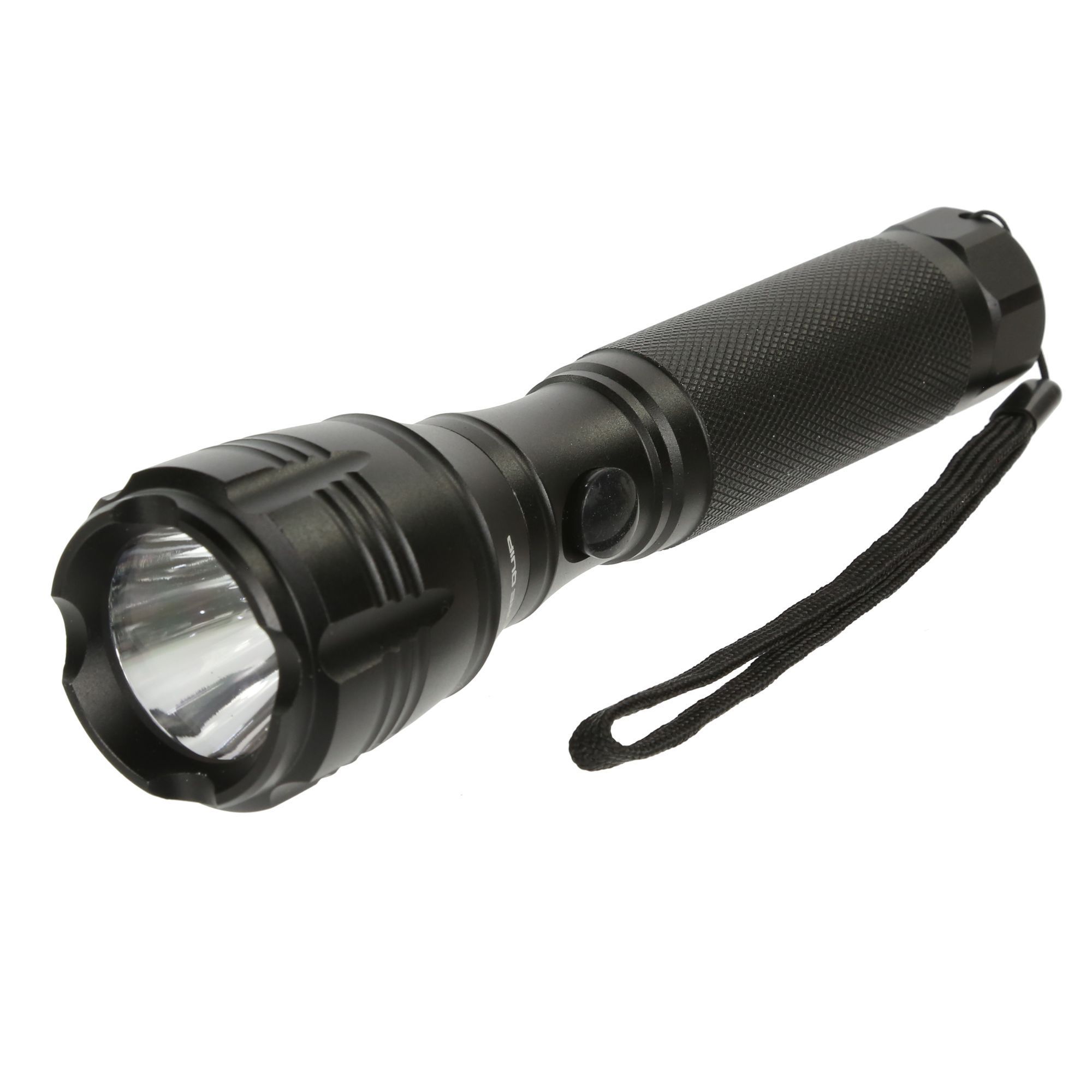 90% aluminium, 5% metal fibre and 5% rubber. Cree technology. 150 lumens of light. 3 x aaa batteries included. Aluminium chassis. Wrist strap.