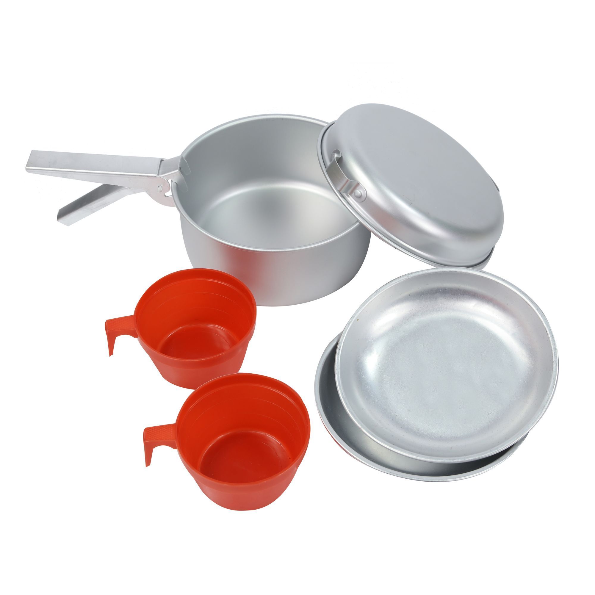 85% aluminium and 15% polypropylene. Lightweight & durable anodised aluminium. Set includes: 18cm frying pan, 16.8cm cooking pot, detachable clamp handle, 2 x plates and 2 x plastic cups.