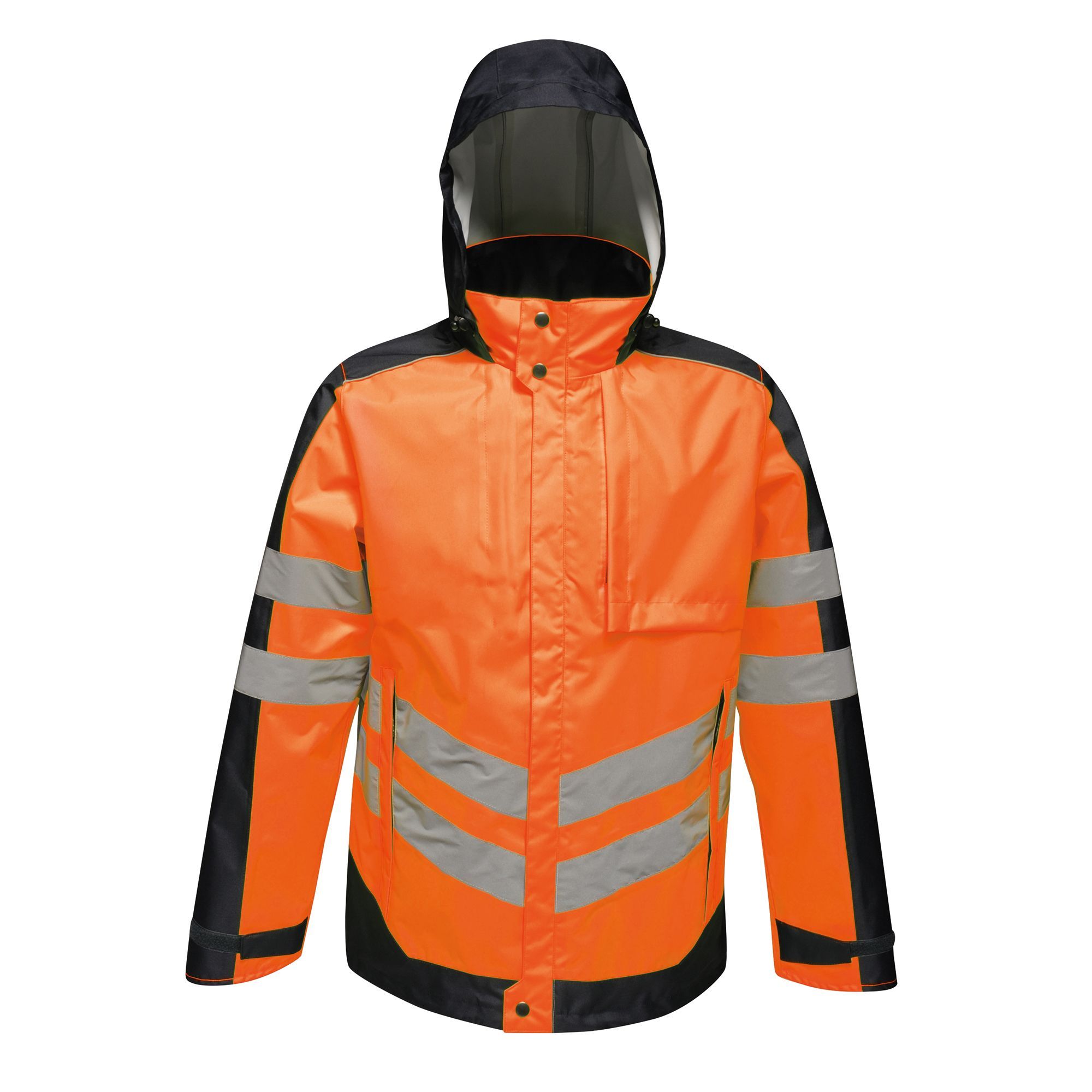 Material: 100% polyester. Isotex 10000 polyester fabric. Waterproof and breathable. Conforms to EN343:2003 A1:2007 Class 3:3. EN ISO 20471:2013 + A1:2016 Class 3. Windproof. Thermoguard insulation. Taped seams. Concealed hood with adjusters. 2 zipped lower pockets and easy access, hidden chest pockets with zip. Orange colour-way also conforms to RIS-3279/TOM when worn with RIS-3279-TOM Class 2 upper body cloth. Inner stormflap with chin guard. Size (chest): (XXS) 32-34in, (XS) 35-36in, (S) 37-38in, (M) 39-40in, (L) 41-42in, (XL) 43-44in, (XXL) 46-48in, (3XL) 49-51in, (4XL) 52-54in, (5XL) 55-57in, (6XL) 58-60in.