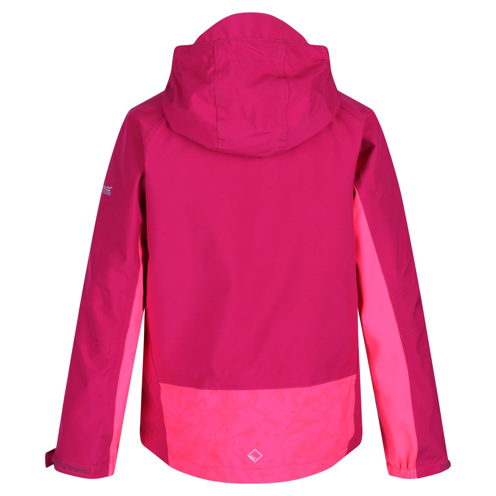 Material: polyester: 100%. Waterproof and breathable Isotex 15000 stretch fabric. Breathability rating: 10,000g/m2/24hrs. Highly reflective printed stretch panels in strategic zones for enhanced visability. Durable water repellent finish. Taped seams. Mesh lined. grown on hood with sewn on peak at front. 2 zipped lower pockets. Adjustable cuffs. Adjustable shockcord hem age 7+. Printed name label (up to age 8). Inner. 140gsm mini stripe microfleece. 2 lower pockets.