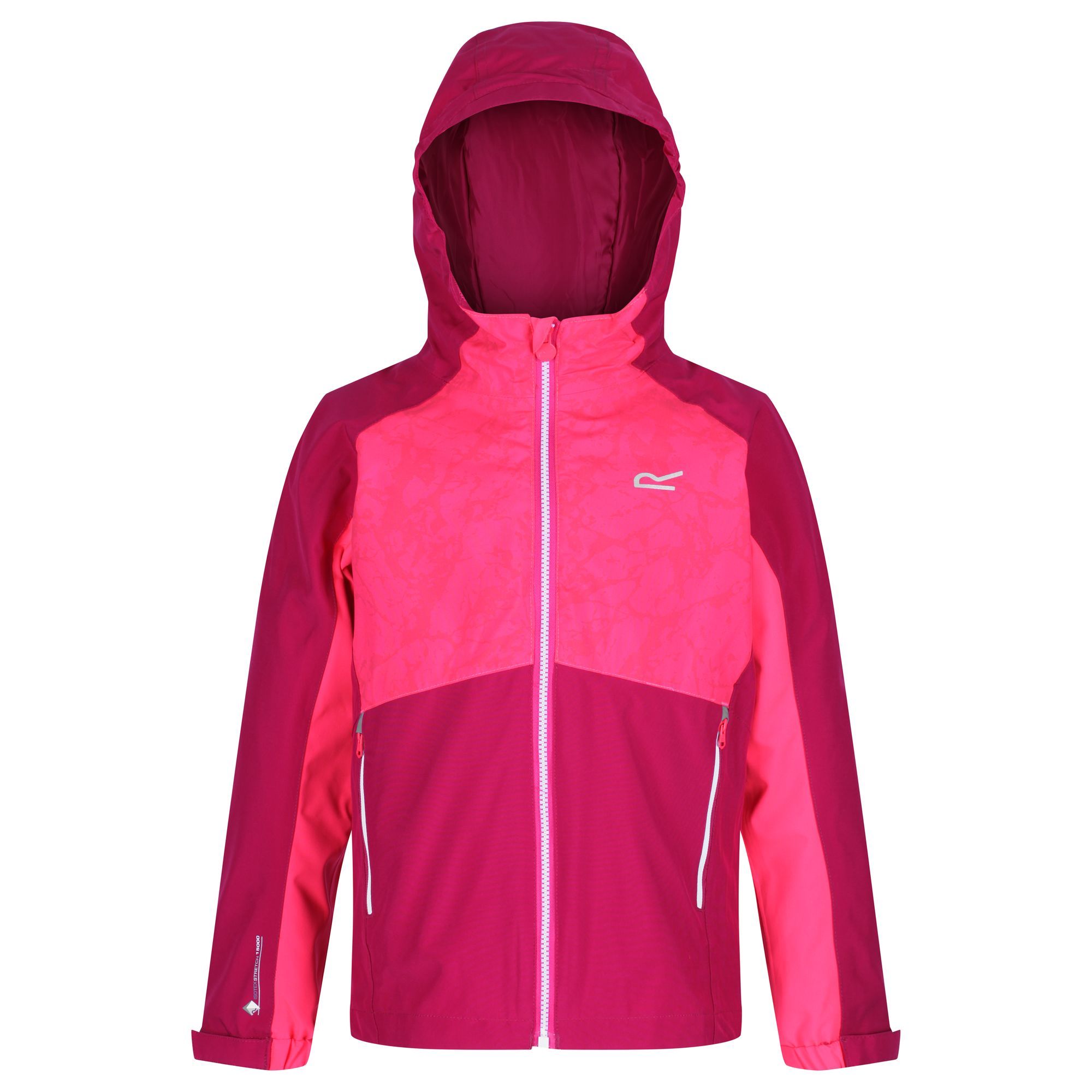 Material: polyester: 100%. Waterproof and breathable Isotex 15000 stretch fabric. Breathability rating: 10,000g/m2/24hrs. Highly reflective printed stretch panels in strategic zones for enhanced visability. Durable water repellent finish. Taped seams. Mesh lined. grown on hood with sewn on peak at front. 2 zipped lower pockets. Adjustable cuffs. Adjustable shockcord hem age 7+. Printed name label (up to age 8). Inner. 140gsm mini stripe microfleece. 2 lower pockets.