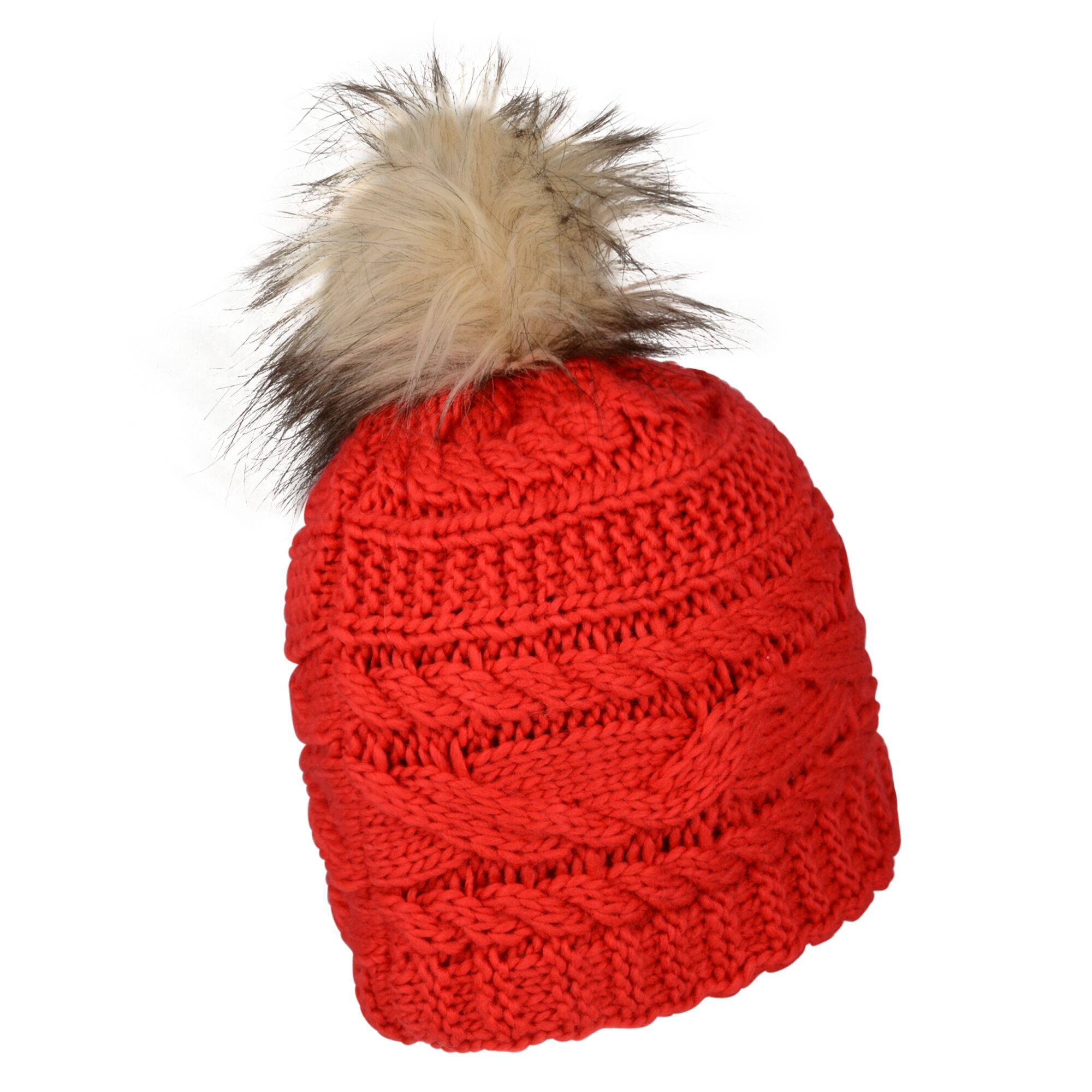 Material: acrylic: 100%. Soft knit construction. Fleece lining. Faux fur bobble. Knitted ribbed cuff.