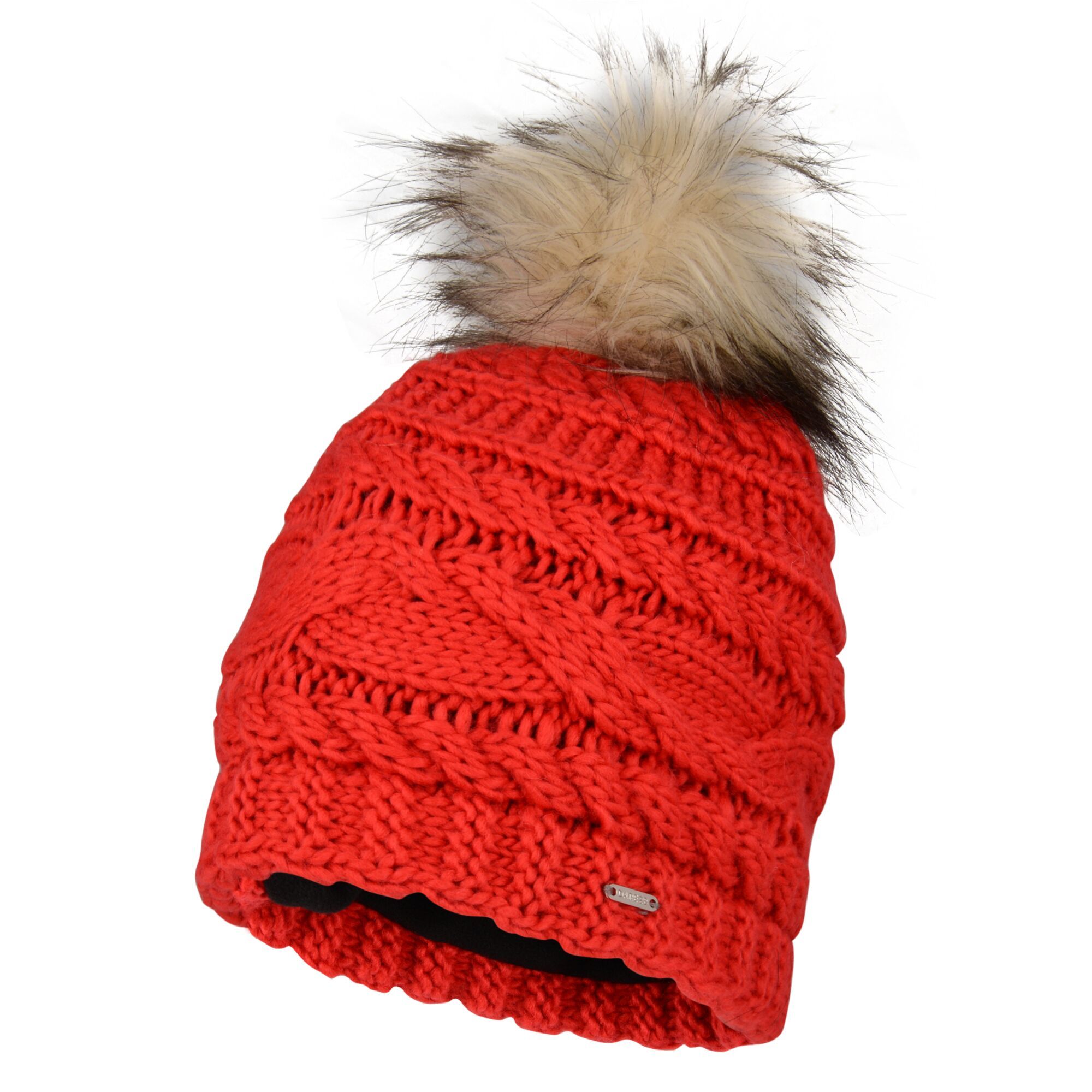 Material: acrylic: 100%. Soft knit construction. Fleece lining. Faux fur bobble. Knitted ribbed cuff.