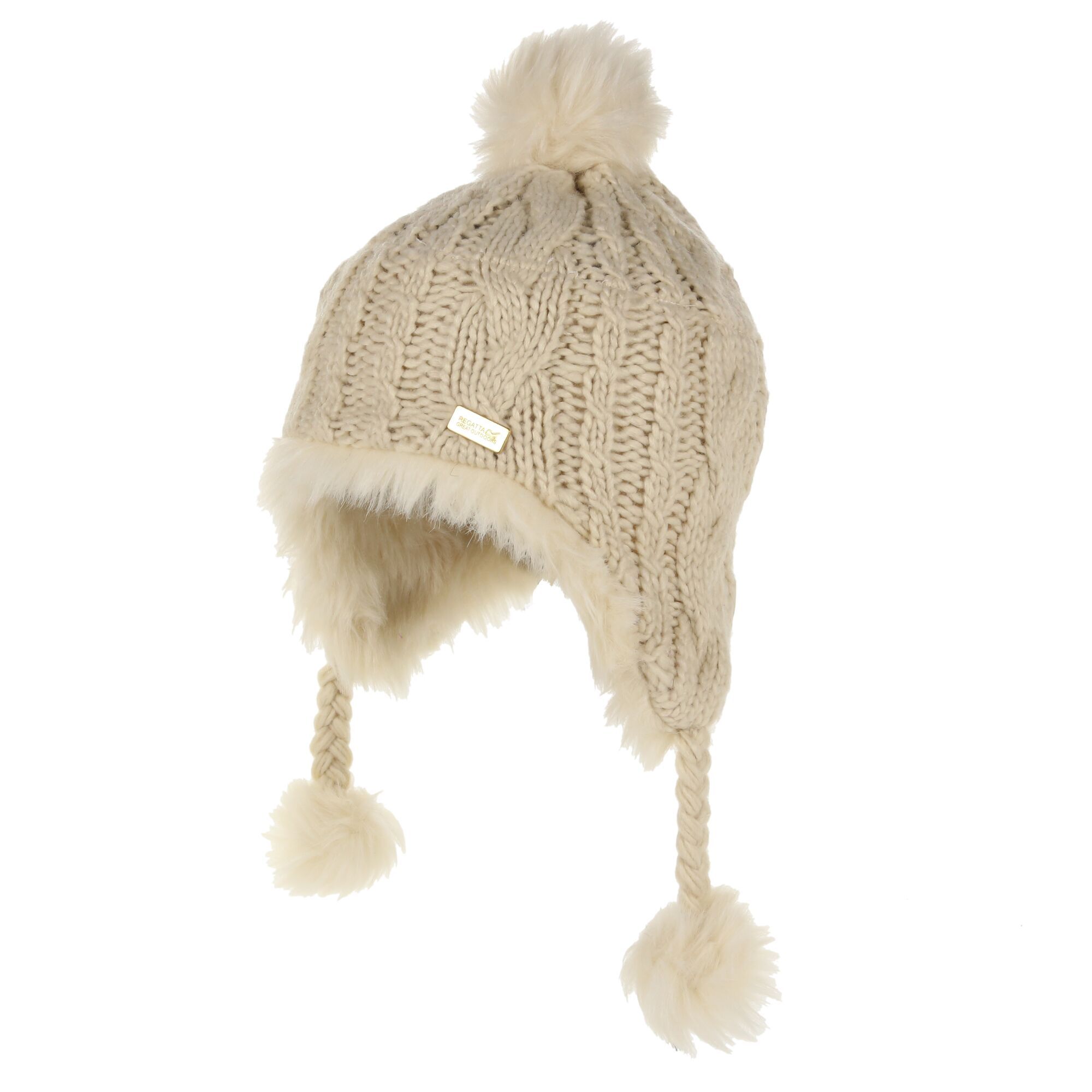 Material: 50% acrylic, 50% polyester. This gorgeous cable-knit hat will keep their head and ears cosy and warm. Designed to be super toasty with a soft faux-fur lining and finished with super cute pom pom.