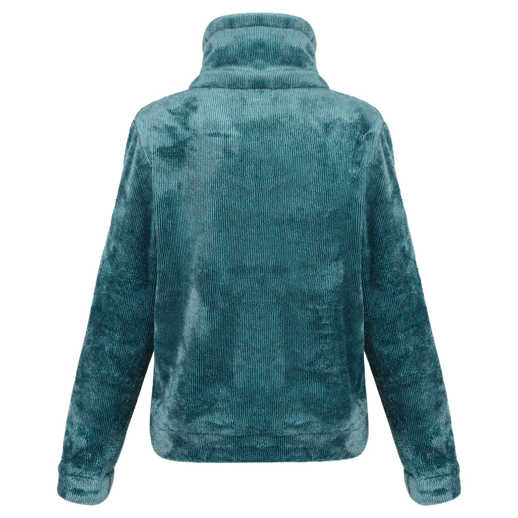 100% polyester two tone fluffy fleece. Cut hip length with raglan sleeves. Zip neck. 2 zipped lower pockets.
