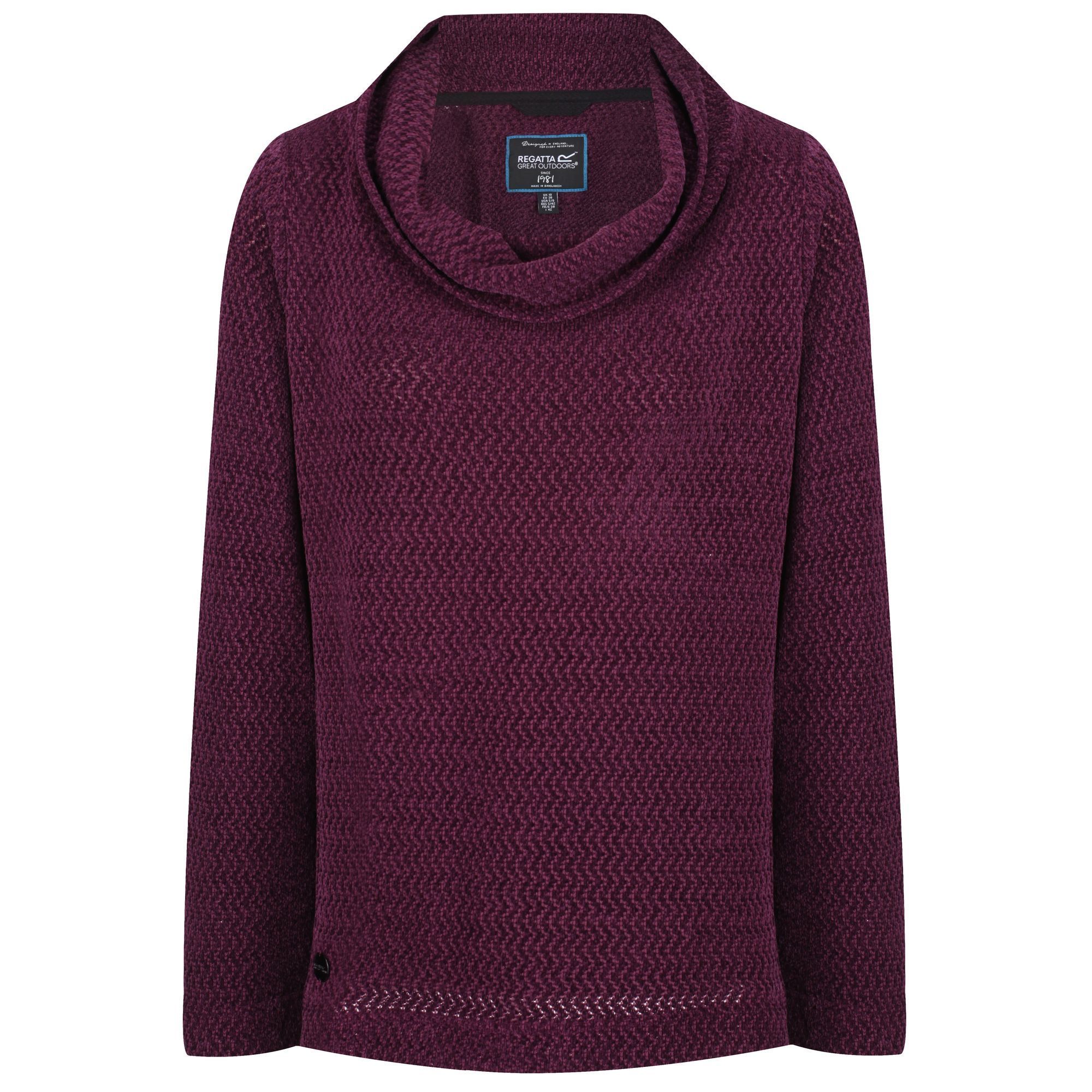 Material: 97% Polyester, 3% Elastane. Textured, loose knitted fleece. Hip length with a cowl neck.