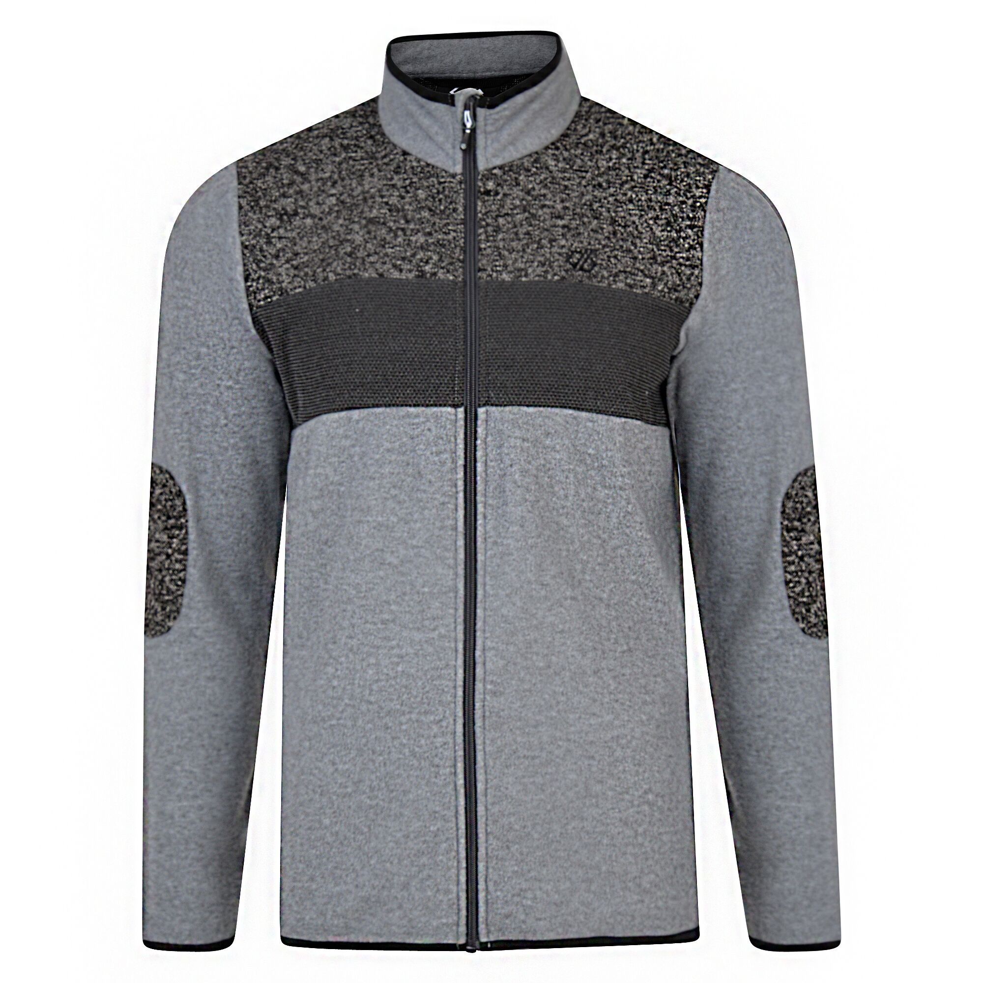 100% polyester marl knit effect fleece with contrast textured knit panels. Full length zip with inner zip and chin guard. Applique elbow patches. 2 lower zip pockets. Stretch binding to collar, cuffs and hem.