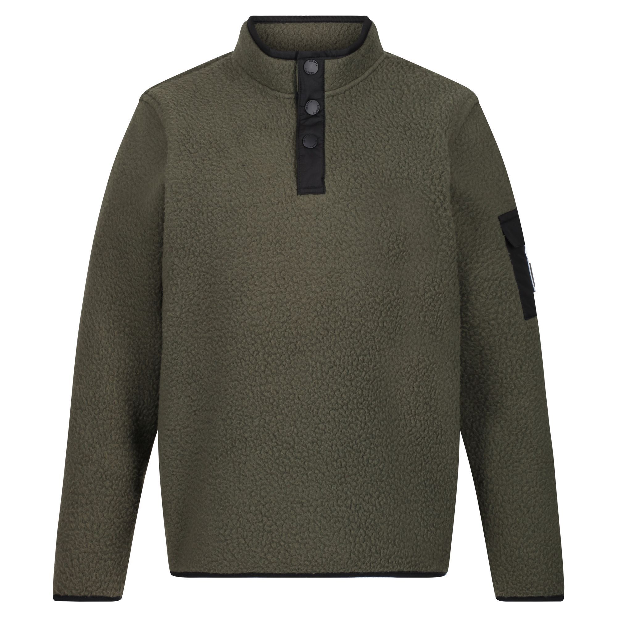 100% polyester high pile borg fleece. Polyester micro poplin woven overlays to collar, placket and pocket. Half placket with branded snap fastening. Sleeve patch pocket.
