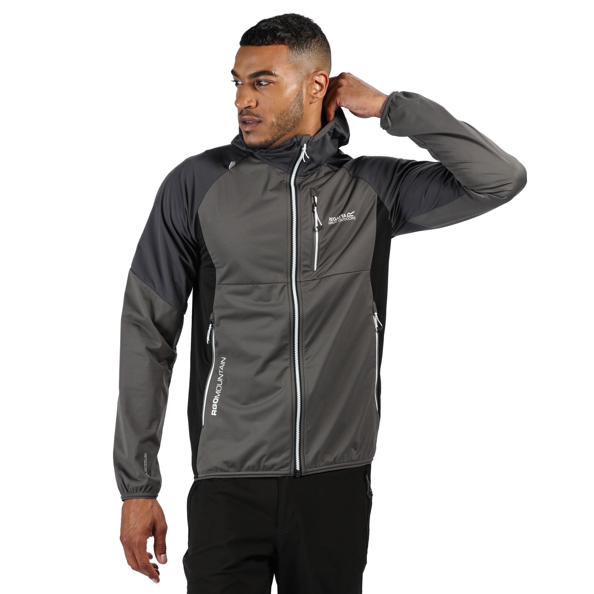 Material: 100% polyester. Lightweight Softshell XPT stretch fabric. Breathability rating 10,000g/m2/24hrs. Waterproof and windproof membrane fabric. Durable water repellent finish. Grown on hood with rear adjuster. Inner zip guard. Articulated sleeves for enhanced range of movement. 2 zipped lower pockets and 1 zipped chest pocket. Mesh lined pockets for breathability. Stretch binding to hood opening, cuffs and hem.