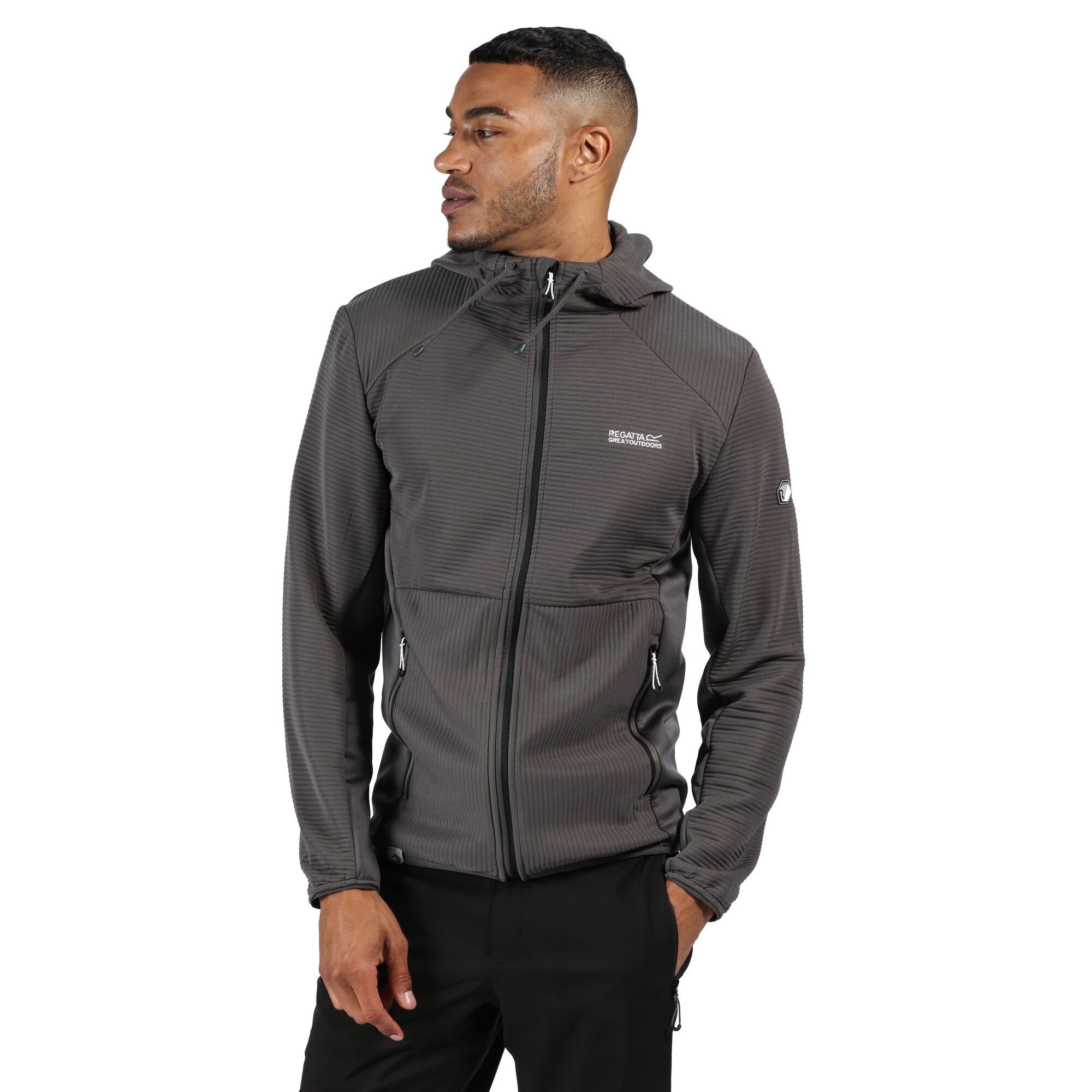 Material: 90% polyester, 10% elastane. Ribbed fabric. Grown on hood. Extol stretch side and underarm panels. 2 zipped lower pockets. Stretch binding to cuffs and hem.