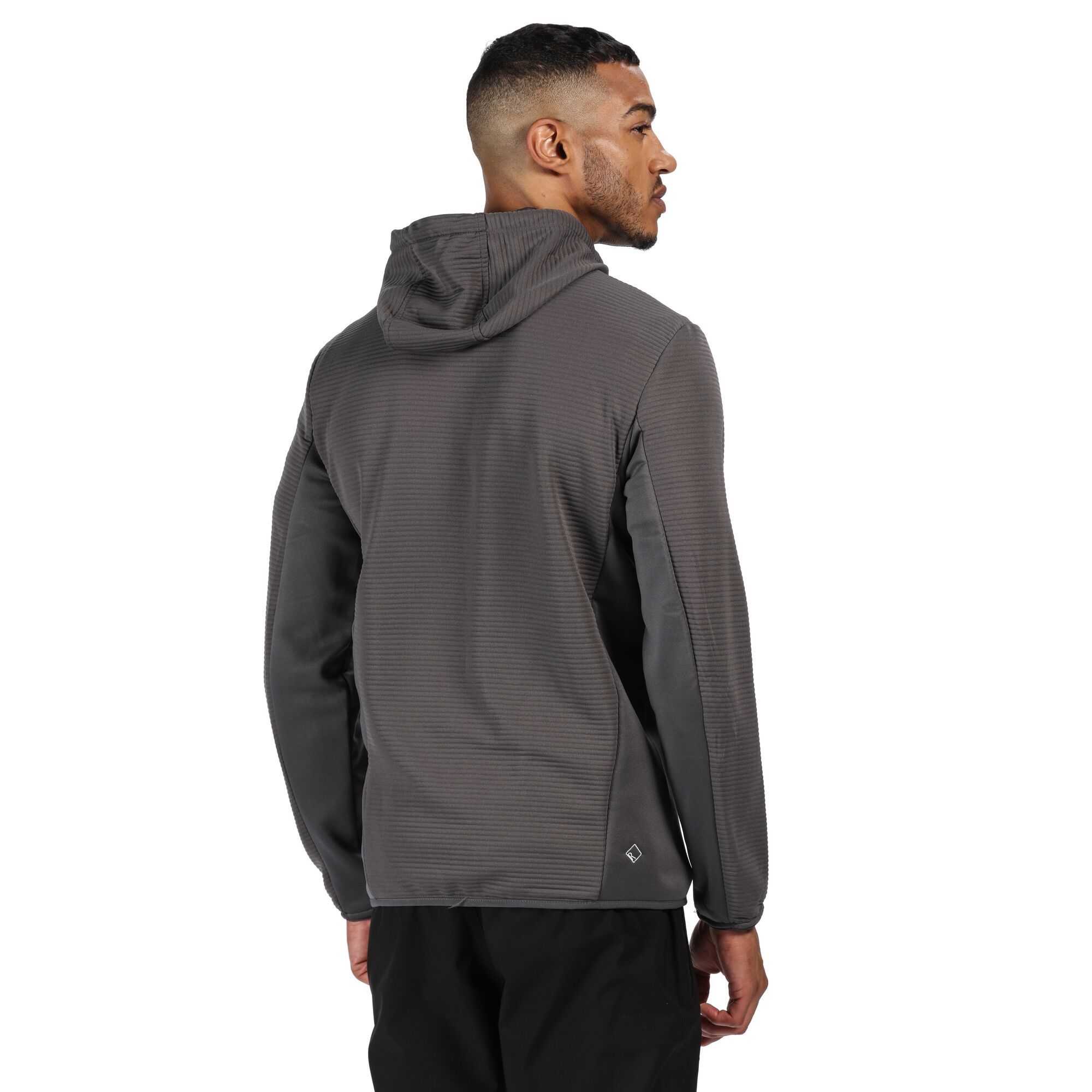 Material: 90% polyester, 10% elastane. Ribbed fabric. Grown on hood. Extol stretch side and underarm panels. 2 zipped lower pockets. Stretch binding to cuffs and hem.