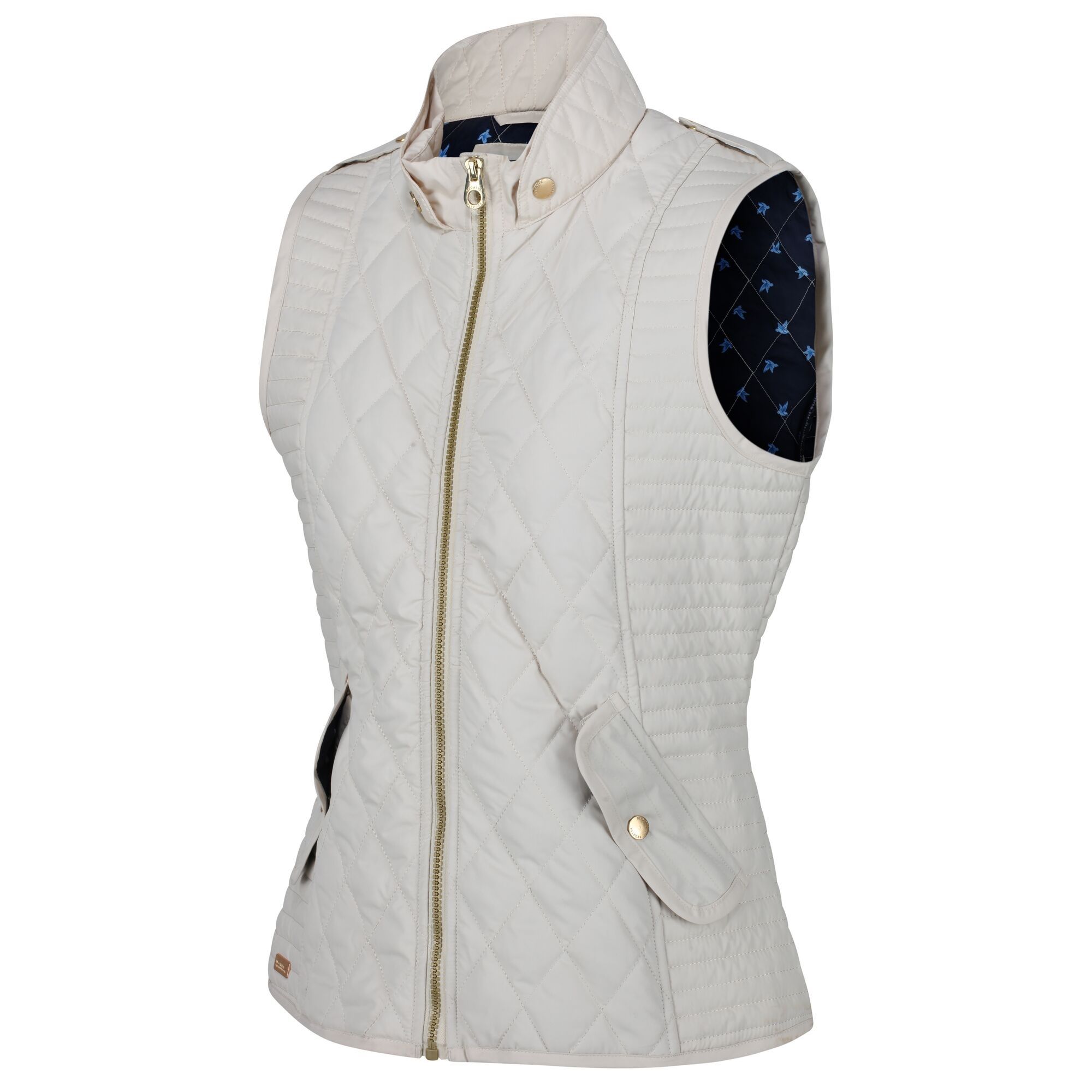 Material: 100% Polyester water repellent quilted micro poplin fabric. Thermo-Guard insulation. Printed polyester lining. 2 Lower Pockets with flaps and branded snap fastening. Back tab waist adjusters. Back vents with stud fastening.