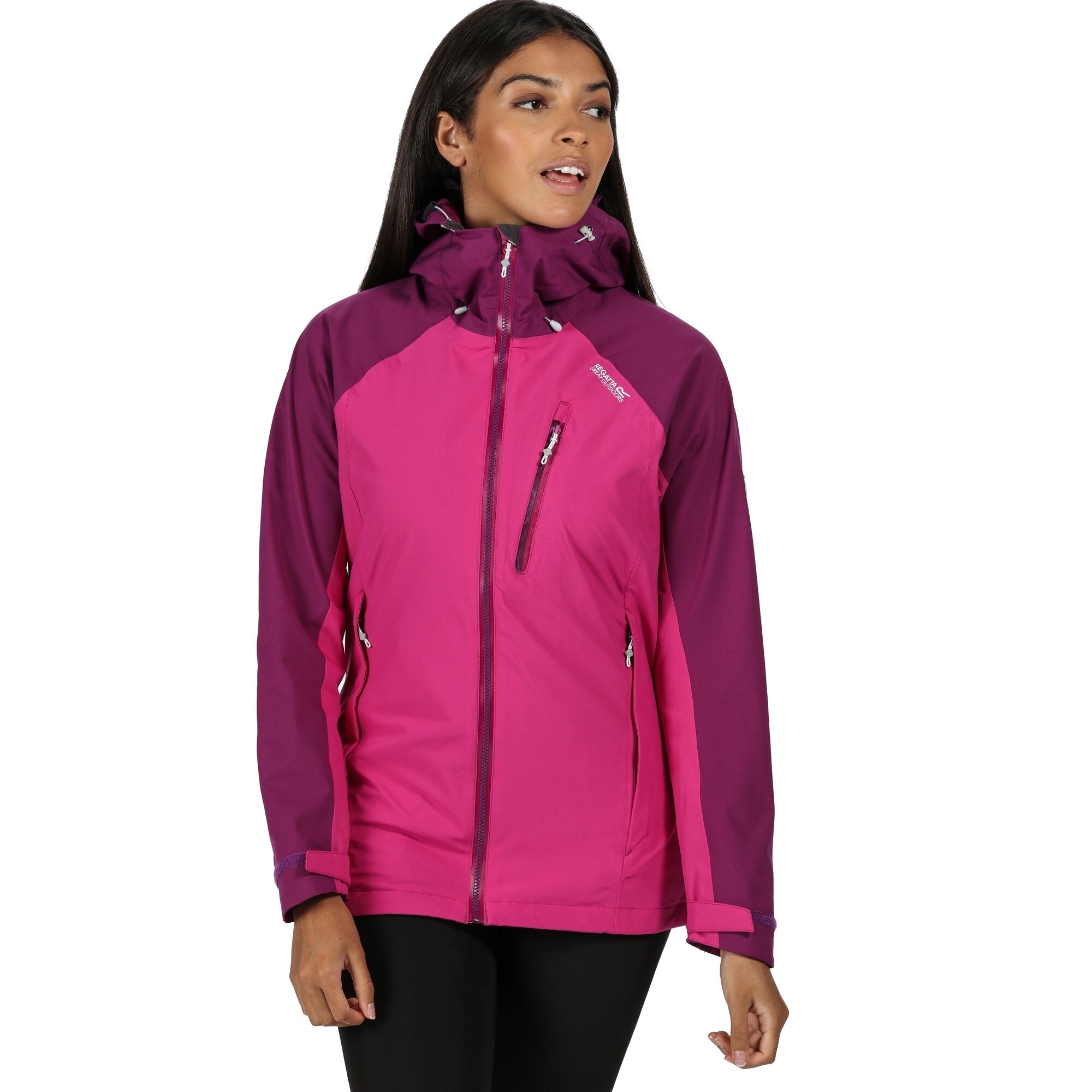Material: 100% polyester. Breathability rating 10,000g/m2/24hrs. Strategic stretch fabric panels for ease of movement. Durable water repellent finish. Taped seams. Grown on technical hood with adjusters. 2 zipped lower and 1 zipped chest pocket. Inner zipped security pocket. Adjustable shockcord hem.