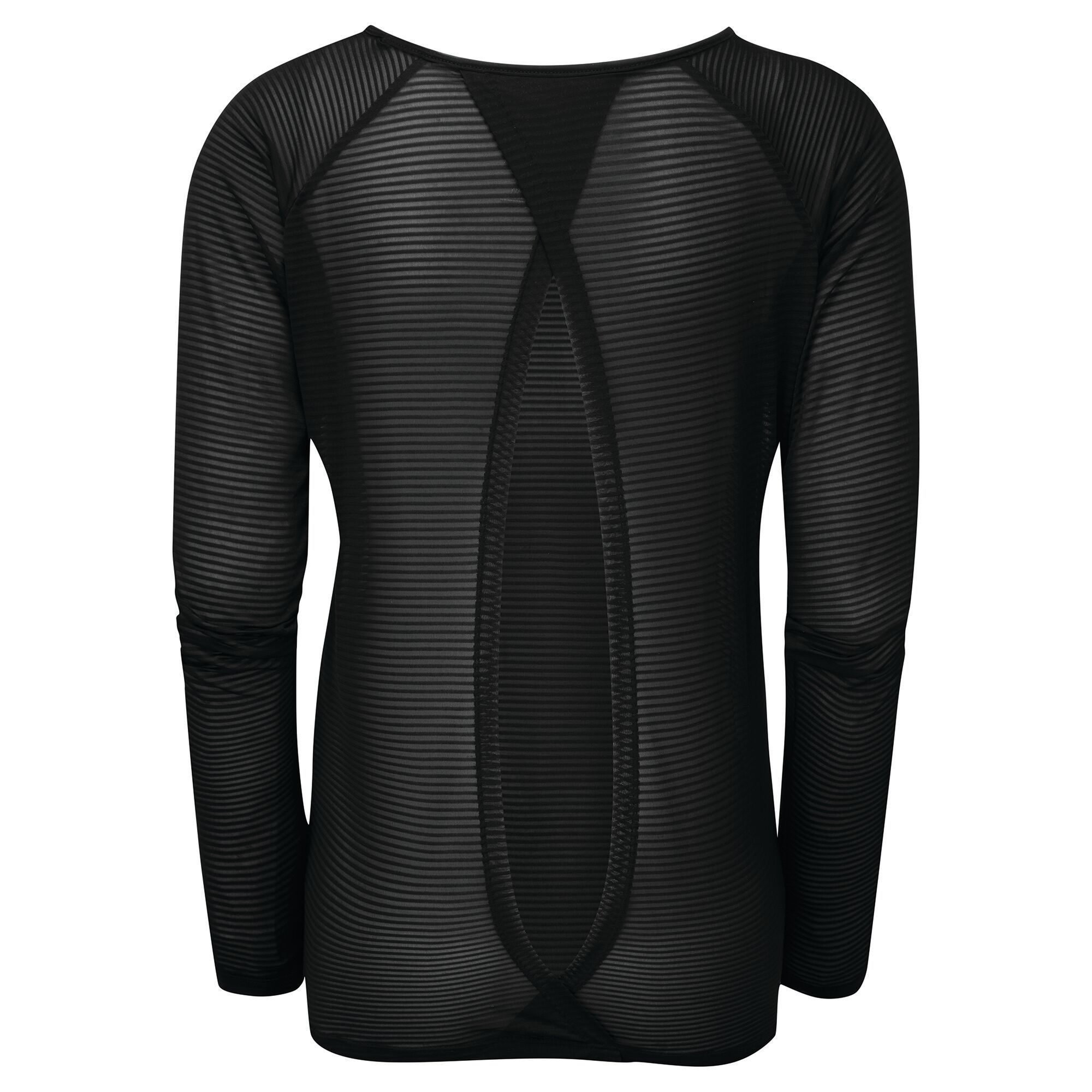 Material: 100% Polyester (Q-Wic Plus lightweight polyester fabric.) Long sleeved workout top with crossover cutout back design and scooped round neck. Features anti-bacterial odour control treatment and motion-friendly sleeve design.