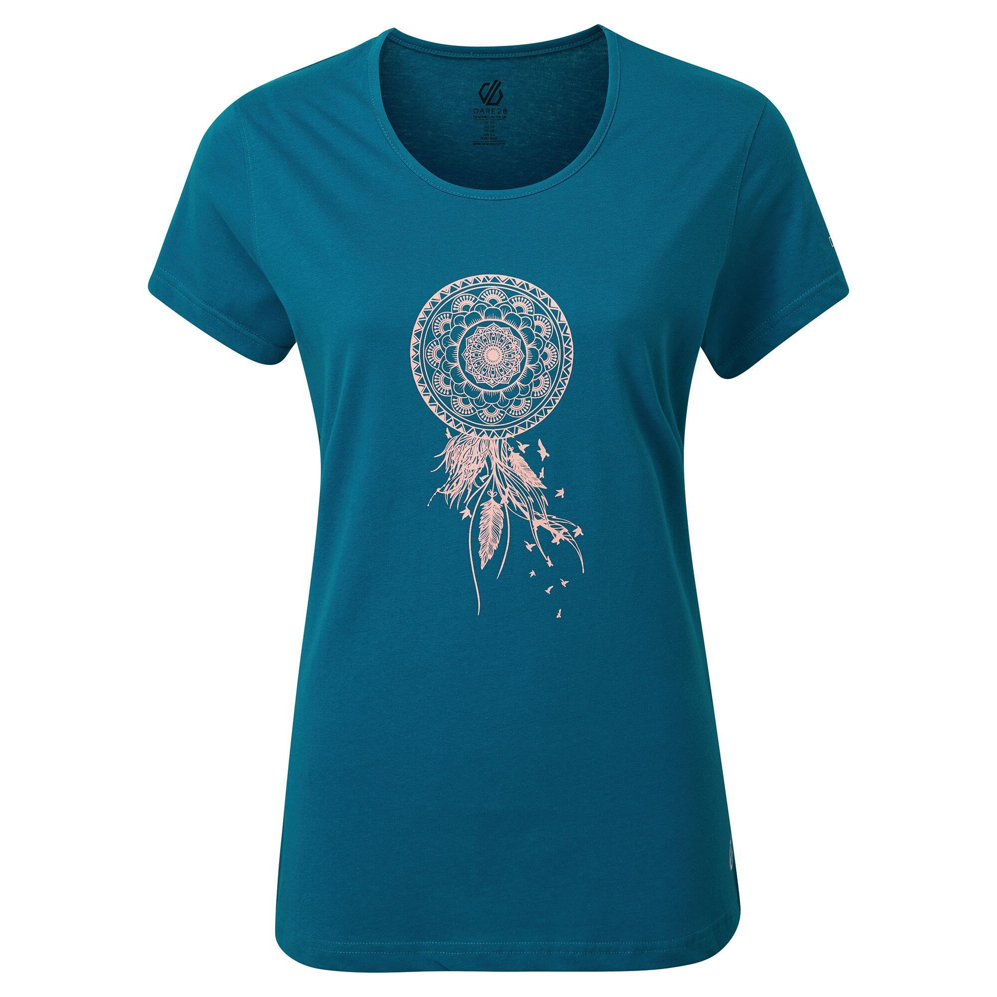 Material: 100% Cotton. Breathable and durable short sleeved t-shirt with scoop neckline. Features a dream-catcher themed design.