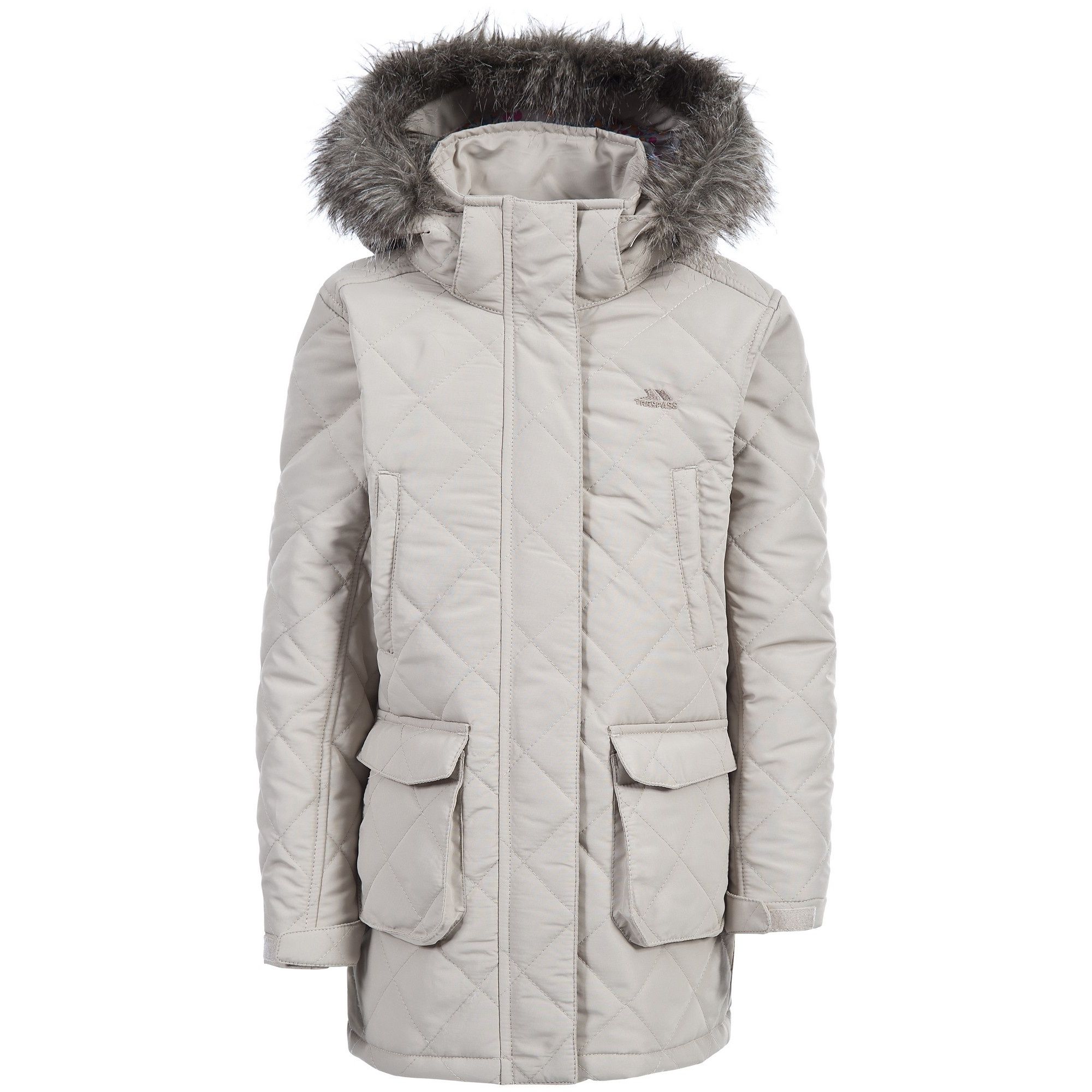 Quilted jacket. 2 hand warmer pockets. 2 lower patch pockets. Detachable hood with fur trim. Printed lining. Shell: 100% Polyester, Lining: 100% Polyester, Padding: 100% Polyester.