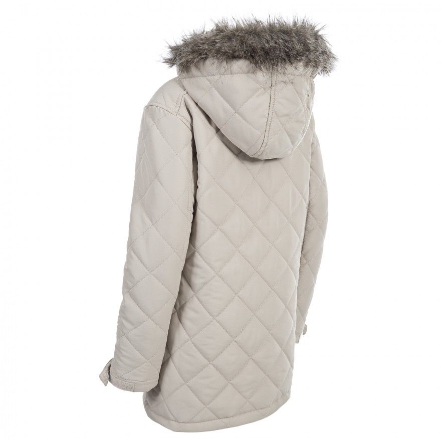 Quilted jacket. 2 hand warmer pockets. 2 lower patch pockets. Detachable hood with fur trim. Printed lining. Shell: 100% Polyester, Lining: 100% Polyester, Padding: 100% Polyester.