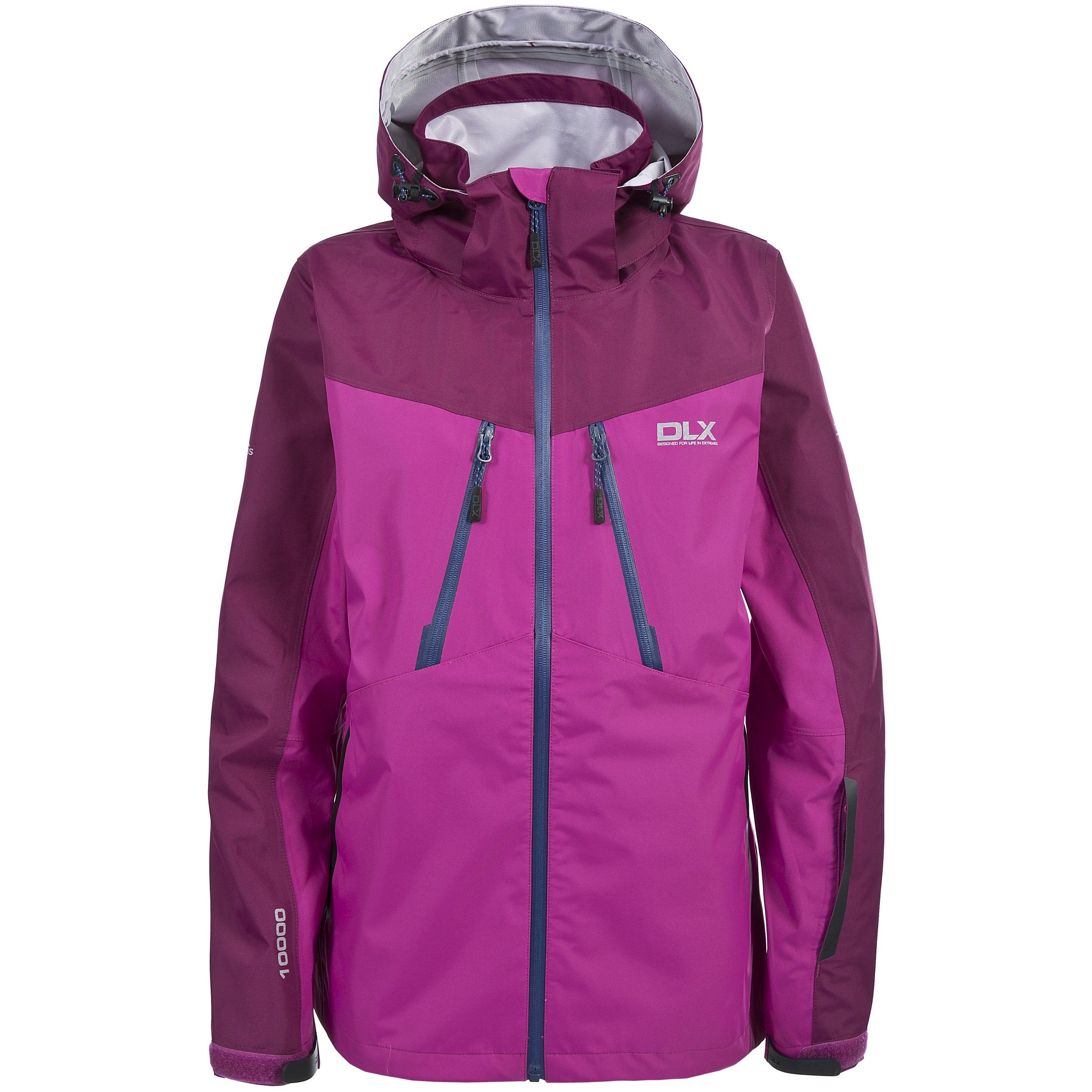 Womens 3 layer shell jacket. Underarm ventilation zips. Adjustable zip off hood. Water repellent front zip. Welded water repellent zip chest pockets. 2 lower zipped pockets. Zipped sleeve pocket. Hem drawcord with side adjuster. Flat cuff with adjustable moulded tab. Waterproof 10000mm, windproof, breathable 5000mvp. Taped seams. 100% Polyester TPU membrane.