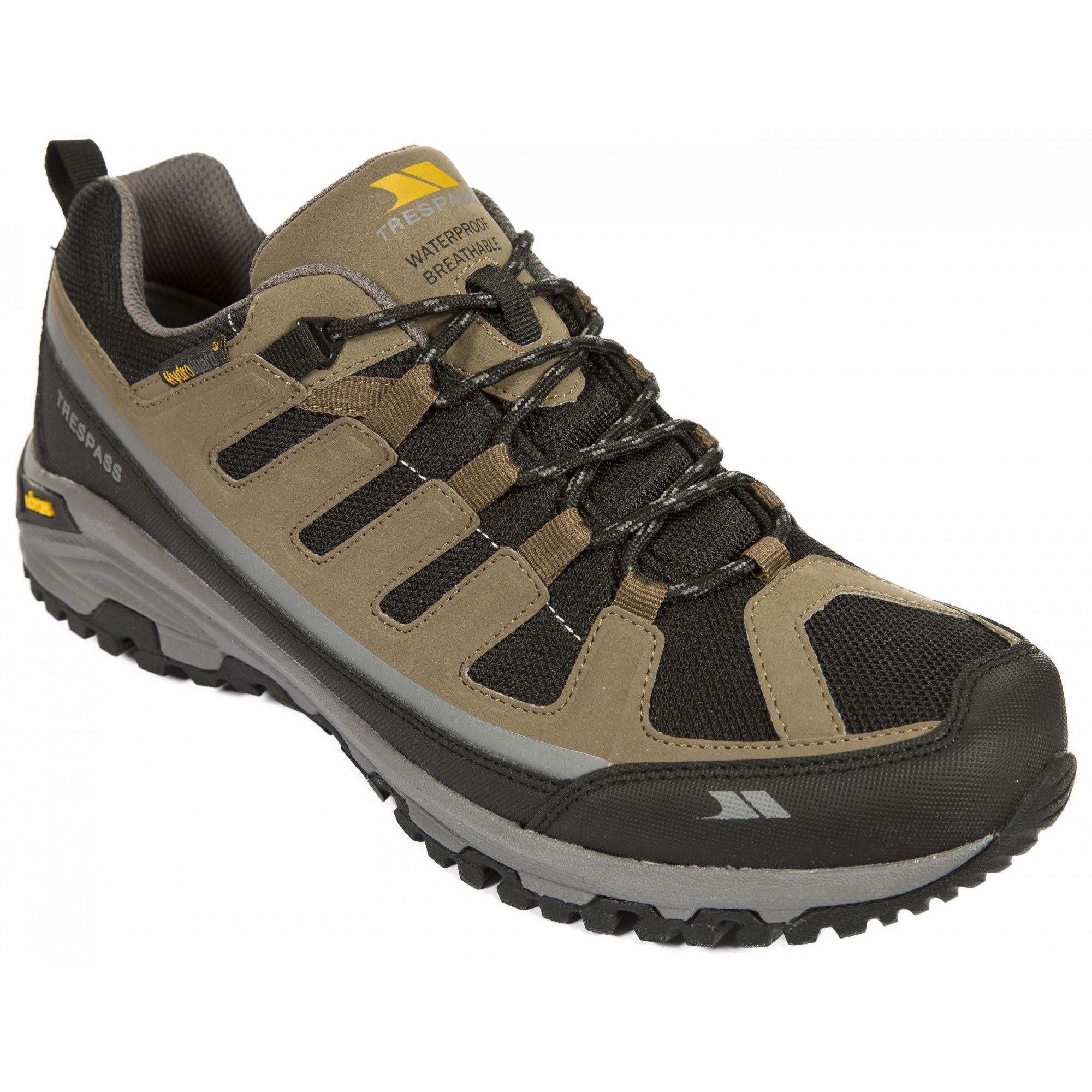 Mens low cut hiking trainers. Waterproof and breathable membrane. Gusseted tongue. Protective and durable all-round mudguard. Ankle supportive cushioned collar and tongue. Arch stabilising and supportive shank. Cushioned footbed. Upper: PU/textile, Lining: textile, Outsole: vibram-moulded EVA/phylon rubber.