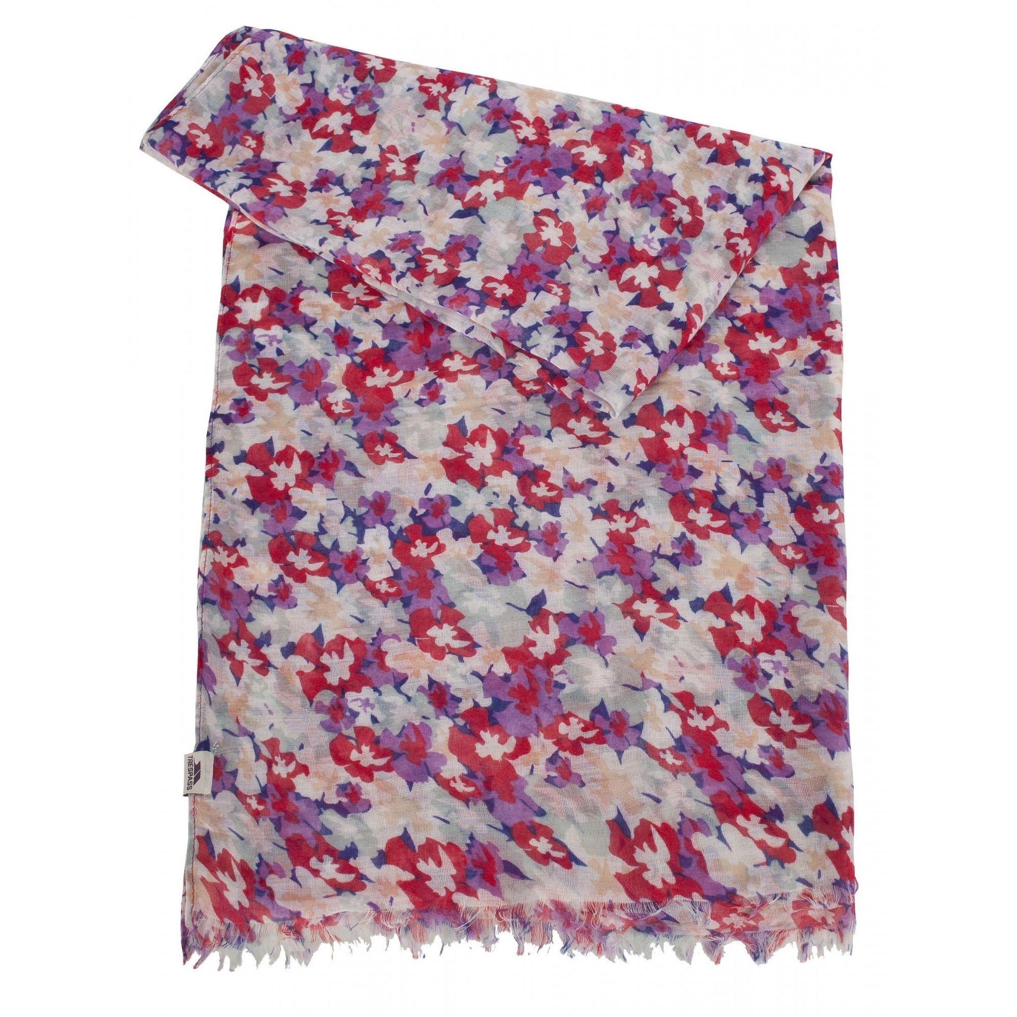 Womens woven scarf. Lightweight. All over floral print. Raw edge detail. Fabric: 100% polyester.
