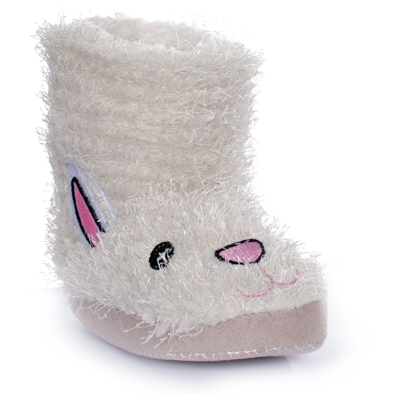 Girls novelty fluffy bunny slippers. Woven logo. Upper Polyester Fur. Insole Soft Fleece. Outsole Microfibre.