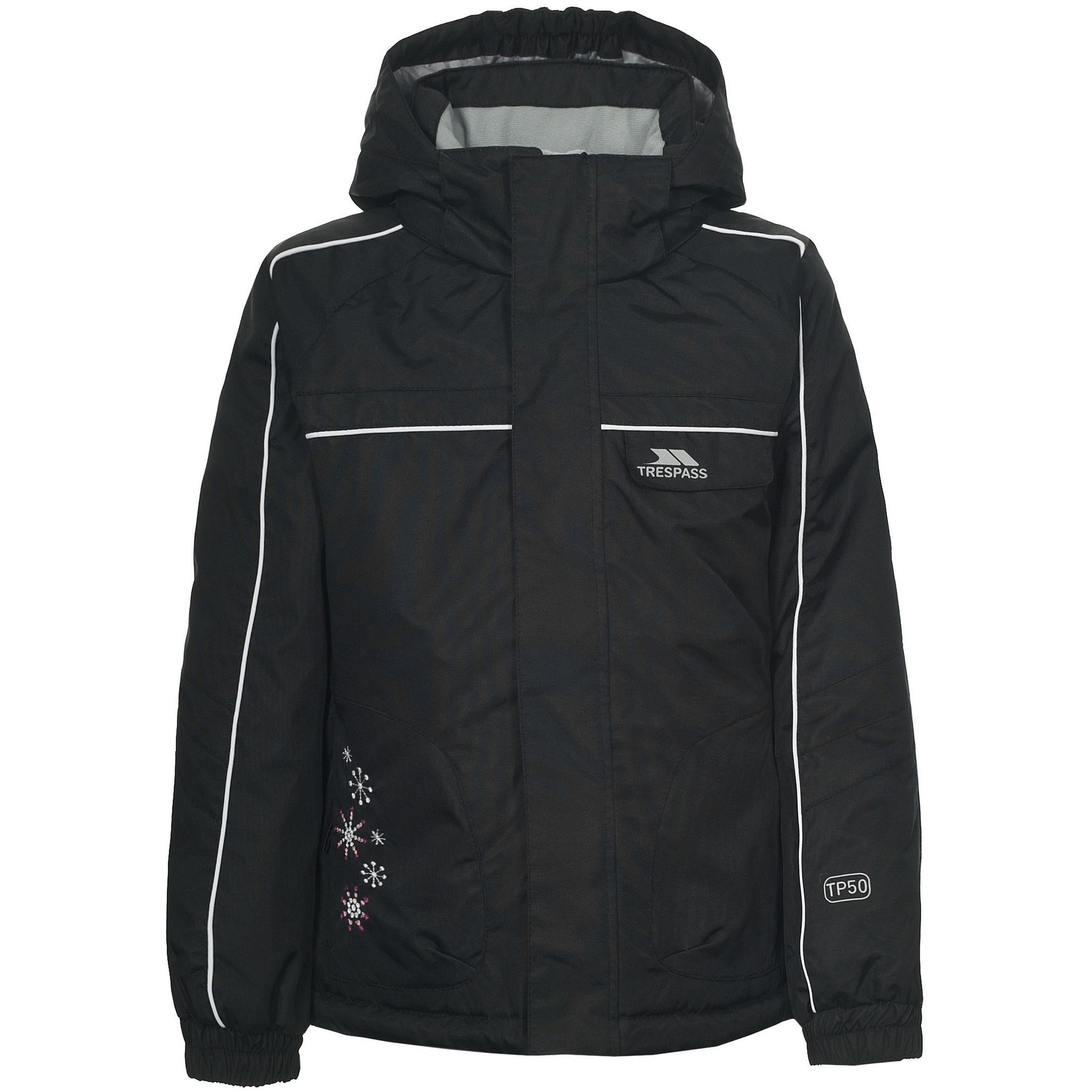 Girls water resistant ski jacket with double coated fabric. Windproof. Coldheat insulation technology. Padded. Adjustable stud off hood. Elasticated crown. 3 zipped pockets. Inner pocket. Hem drawcord with side adjustment. Elasticated cuff. Contrast piping. Snowflake embroidery on side. Shell: 100% polyamide PU and silver coating. Lining: 100% polyester. Fleece: 100% polyester. Padding: 100% polyester. Sizing (chest): 2-3 (21in/53cm), 3-4 (22in/56cm), 5-6 (24in/61cm), 7-8 (26in/66cm), 9-10 (28in/71cm).