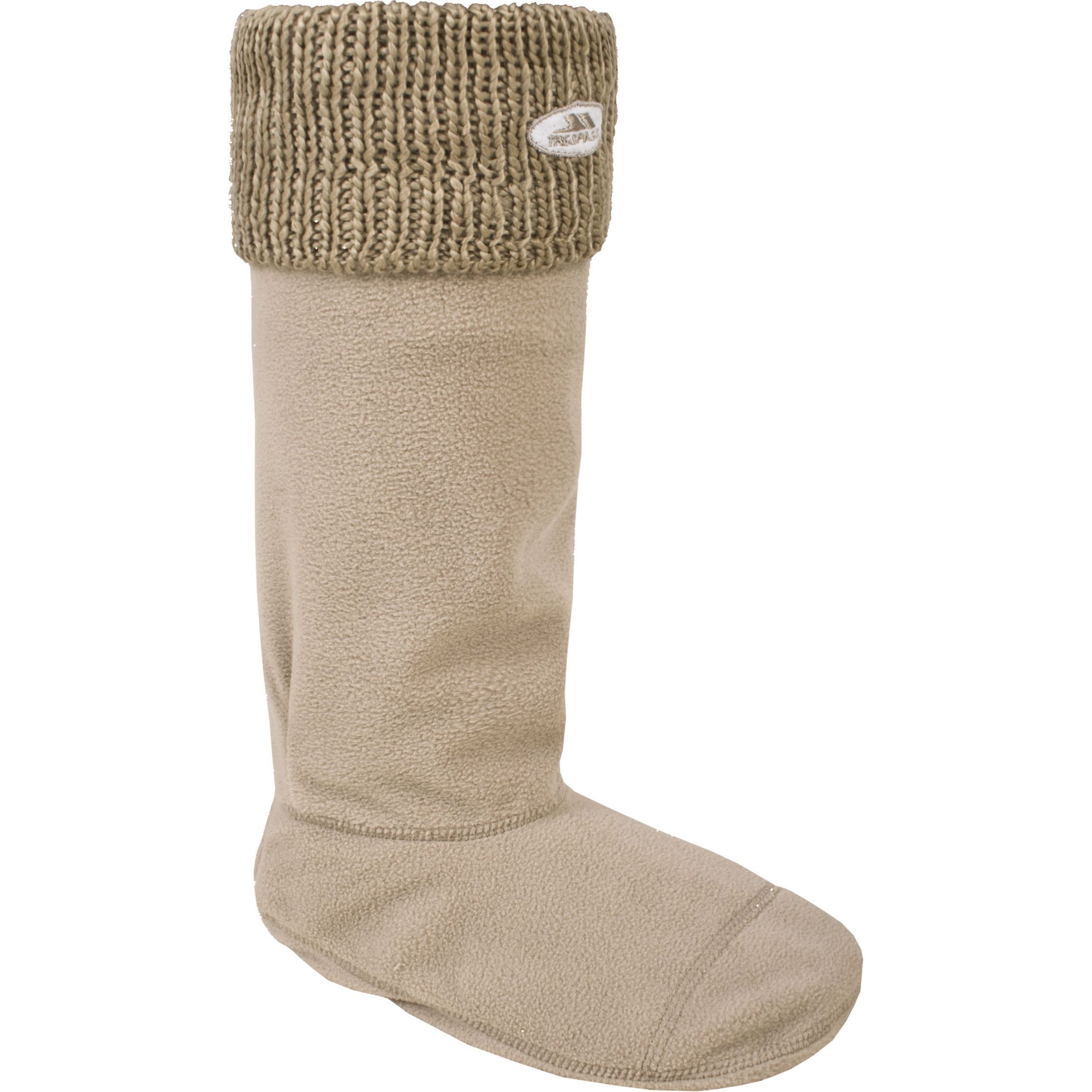 Welly sock. Embroidered Trespass logo. Knitted cuff. Leg: 100% Polyester, Cuff: 70% Acrylic, 30% Wool.