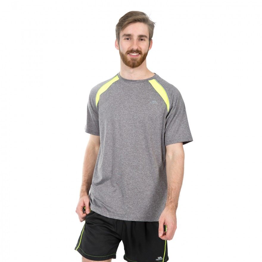 Short sleeve. Round neck. Reflective piping and print. Concealed zip rear pocket. Contrast panels. Quick dry. 95% Polyester/5% Elastane. Trespass Mens Chest Sizing (approx): S - 35-37in/89-94cm, M - 38-40in/96.5-101.5cm, L - 41-43in/104-109cm, XL - 44-46in/111.5-117cm, XXL - 46-48in/117-122cm, 3XL - 48-50in/122-127cm.