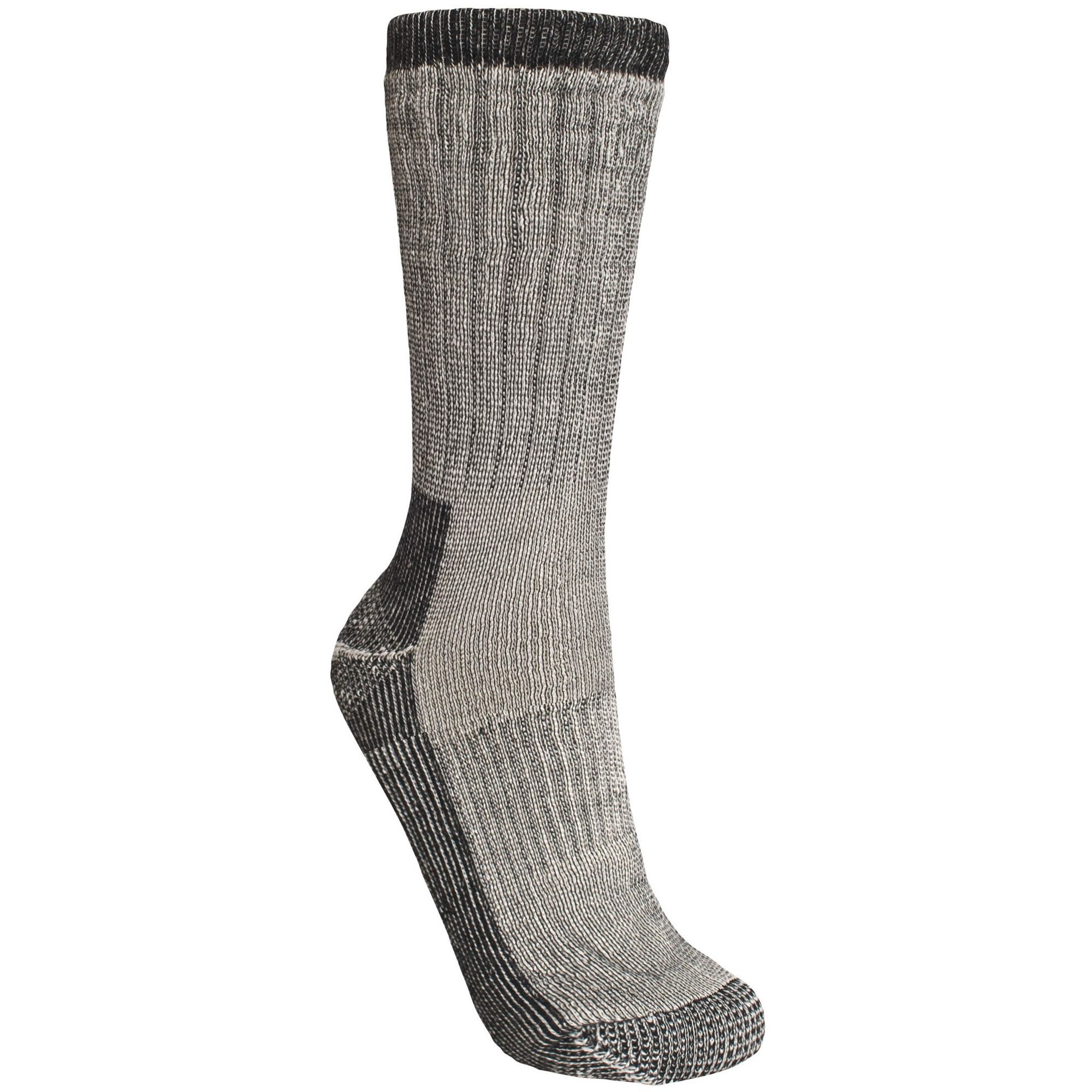 Mens hiking boot socks. Elasticated rib top. Warm cushion knit. Ribbed construction. Choice of 2 sizes: UK 4-7 or UK 7-11. 65% Merino Wool, 15% Nylon, 14% Acrylic, 5% Polyester, 1% Rubber.