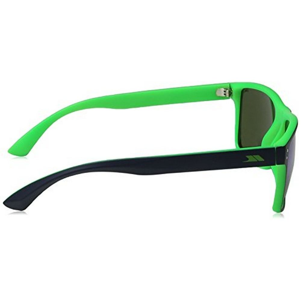 Trespass branded sunglasses. UV 400 protection. Conforms to EN ISO 12312-1:2013. Polycarbonate frame with matt finish. Smoke tint lens with mirror coating. Category 3 lens. 5 barrel hinge, printed temple logo. Cleaning cloth bag.