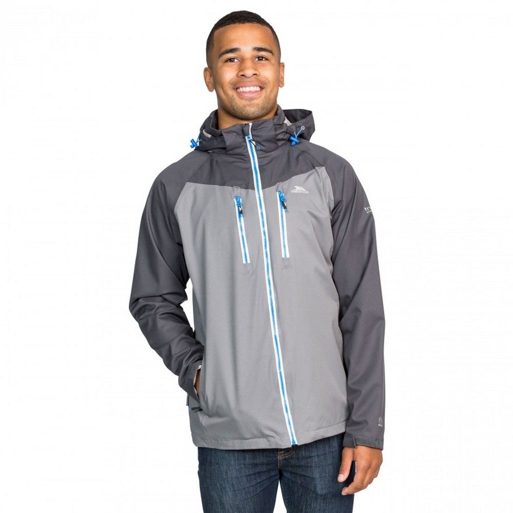 Mesh lined. Adjustable concealed hood. Centre front zip with contrast coloured teeth. 2 zipped chest pockets with contrast coloured teeth, 2 lower zipped pockets. Drawcord adjustment at hem. Underarm ventilation zips. Adjustable cuffs. Waterproof 5000mm, breathable 5000mvp, windproof, taped seams. Shell: 100% Polyester, TPU membrane, Lining: 100% Polyester. Trespass Mens Chest Sizing (approx): S - 35-37in/89-94cm, M - 38-40in/96.5-101.5cm, L - 41-43in/104-109cm, XL - 44-46in/111.5-117cm, XXL - 46-48in/117-122cm, 3XL - 48-50in/122-127cm.