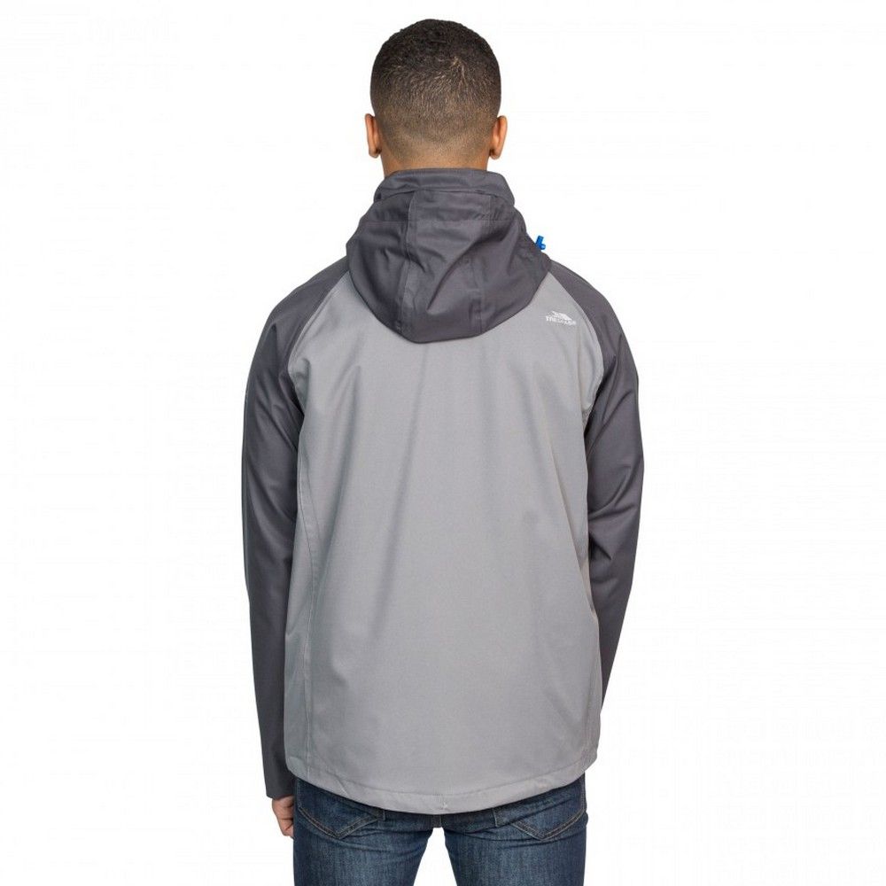 Mesh lined. Adjustable concealed hood. Centre front zip with contrast coloured teeth. 2 zipped chest pockets with contrast coloured teeth, 2 lower zipped pockets. Drawcord adjustment at hem. Underarm ventilation zips. Adjustable cuffs. Waterproof 5000mm, breathable 5000mvp, windproof, taped seams. Shell: 100% Polyester, TPU membrane, Lining: 100% Polyester. Trespass Mens Chest Sizing (approx): S - 35-37in/89-94cm, M - 38-40in/96.5-101.5cm, L - 41-43in/104-109cm, XL - 44-46in/111.5-117cm, XXL - 46-48in/117-122cm, 3XL - 48-50in/122-127cm.