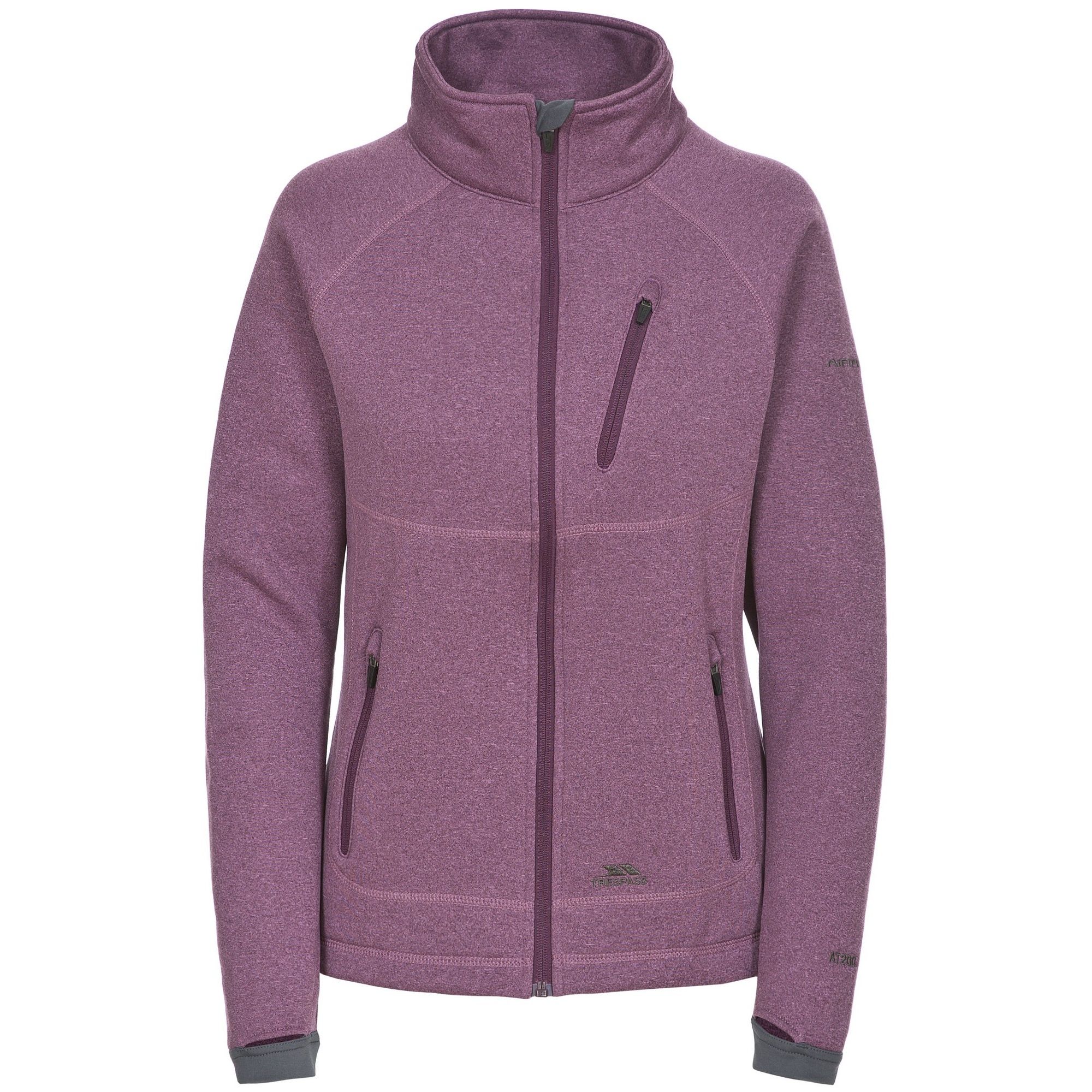 Jersey melange. Brushed back fleece. Low profile zips. Full front zip. Stretch fabric chin guard. 3 zipped pockets. Stretch fabric cuff with thumb hole. Airtrap. 100% Polyester. Trespass Womens Chest Sizing (approx): XS/8 - 32in/81cm, S/10 - 34in/86cm, M/12 - 36in/91.4cm, L/14 - 38in/96.5cm, XL/16 - 40in/101.5cm, XXL/18 - 42in/106.5cm.