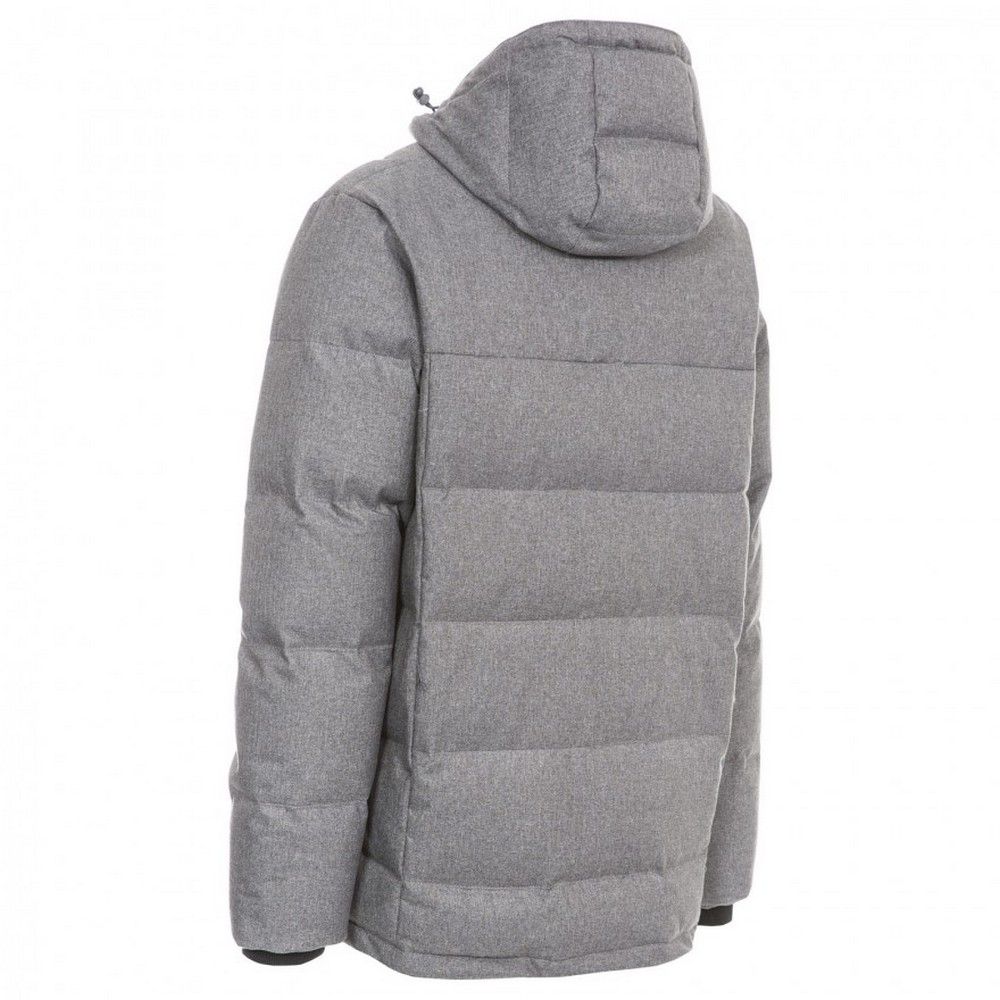 Herringbone textured fabric. Adjustable grown on hood. Material: 80% down 20% feather filling. Trespass Mens Chest Sizing (approx): S - 35-37in/89-94cm, M - 38-40in/96.5-101.5cm, L - 41-43in/104-109cm, XL - 44-46in/111.5-117cm, XXL - 46-48in/117-122cm, 3XL - 48-50in/122-127cm.