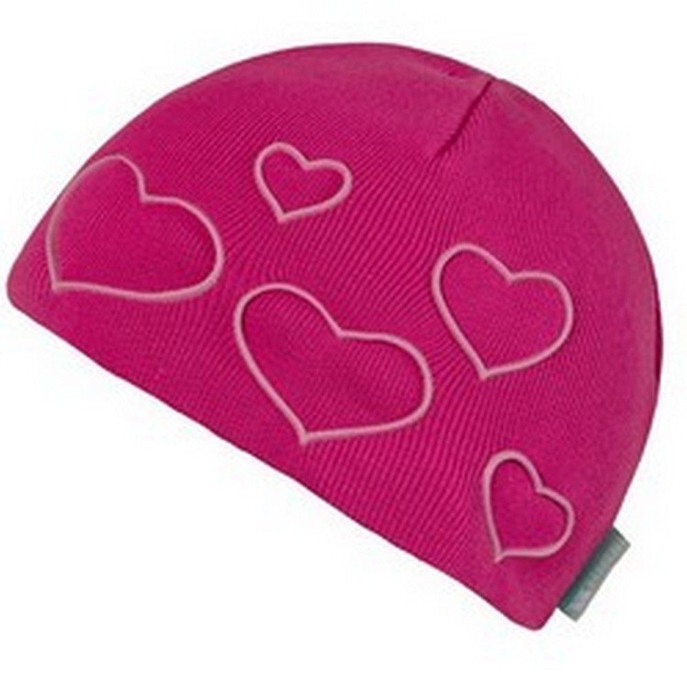 Childrens knitted beanie hat. Raised rubber heart design. Materials: 60% Cotton, 40% Acrylic.